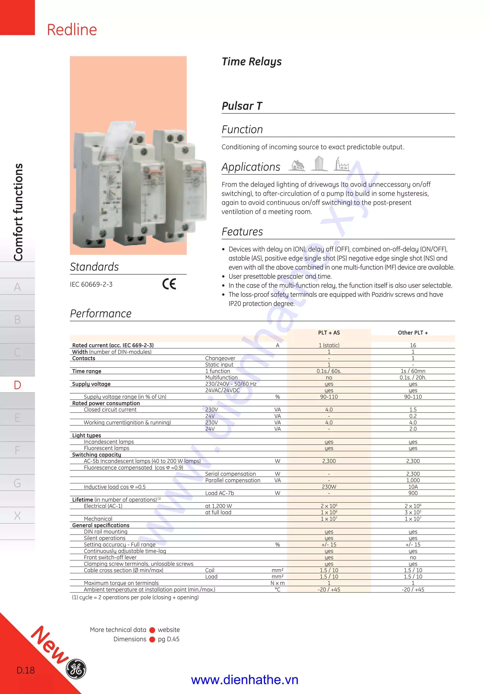Redline
D.18
Comfortfunctions
A
B
C
D
E
F
G
X
Time Relays
Standards
IEC 60669-2-3
Pulsar T
Function
Conditioning of incoming source to exact predictable output.
Applications
From the delayed lighting of driveways (to avoid unneccessary on/off
switching), to after-circulation of a pump (to build in some hysteresis,
again to avoid continuous on/off switching) to the post-present
ventilation of a meeting room.
Features
• Devices with delay on (ON), delay off (OFF), combined on-off-delay (ON/OFF),
astable (AS), positive edge single shot (PS) negative edge single shot (NS) and
even with all the above combined in one multi-function (MF) device are available.
• User presettable prescaler and time.
• In the case of the multi-function relay, the function itself is also user selectable.
• The loss-proof safety terminals are equipped with Pozidriv screws and have
IP20 protection degree.
Performance
PLT + AS Other PLT +
Rated current (acc. IEC 669-2-3) A 1 (static) 16
Width (number of DIN-modules) 1 1
Contacts Changeover - 1
Static input 1 -
Time range 1 function 0.1s./ 60s. 1s / 60mn
Multifunction no 0.1s. / 20h.
Supply voltage 230/240V - 50/60 Hz yes yes
24VAC/24VDC yes yes
Supply voltage range (in % of Un) % 90-110 90-110
Rated power consumption
Closed circuit current 230V VA 4.0 1.5
24V VA - 0.2
Working current(ignition & running) 230V VA 4.0 4.0
24V VA - 2.0
Light types
Incandescent lamps yes yes
Fluorescent lamps yes yes
Switching capacity
AC-5b Incandescent lamps (40 to 200 W lamps) W 2,300 2,300
Fluorescence compensated (cos ϕ =0.9)
Serial compensation W - 2,300
Parallel compensation VA - 1,000
Inductive load cos ϕ =0.5 230W 10A
Load AC-7b W - 900
Lifetime (in number of operations)(1)
Electrical (AC-1) at 1,200 W 2 x 106
2 x 106
at full load 1 x 106
3 x 105
Mechanical 1 x 107
1 x 107
General speciﬁcations
DIN rail mounting yes yes
Silent operations yes yes
Setting accuracy - Full range % +/- 15 +/- 15
Continuously adjustable time-lag yes yes
Front switch-off lever yes no
Clamping screw terminals, unlosable screws yes yes
Cable cross section (Ø min/max) Coil mm² 1.5 / 10 1.5 / 10
Load mm² 1.5 / 10 1.5 / 10
Maximum torque on terminals N x m 1 1
Ambient temperature at installation point (min./max.) °C -20 / +45 -20 / +45
(1) cycle = 2 operations per pole (closing + opening)
More technical data website
Dimensions pg D.45
D.18
New
www.dienhathe.xyz
www.dienhathe.vn
 