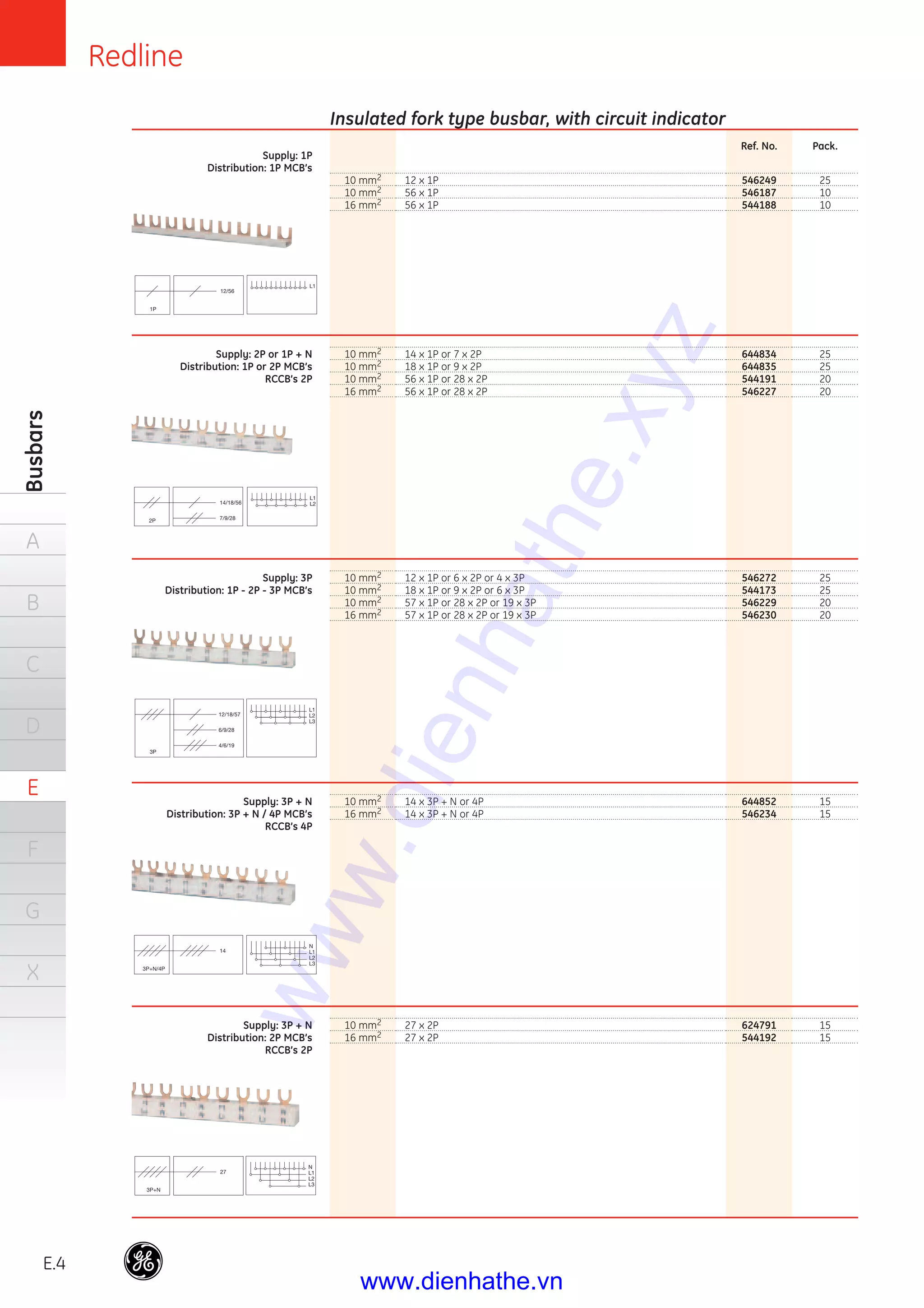 Redline
E.4
Busbars
A
B
C
D
E
F
G
X
10 mm2
10 mm2
16 mm2
10 mm2
10 mm2
10 mm2
16 mm2
10 mm2
10 mm2
10 mm2
16 mm2
10 mm2
16 mm2
10 mm2
16 mm2
12 x 1P
56 x 1P
56 x 1P
14 x 1P or 7 x 2P
18 x 1P or 9 x 2P
56 x 1P or 28 x 2P
56 x 1P or 28 x 2P
12 x 1P or 6 x 2P or 4 x 3P
18 x 1P or 9 x 2P or 6 x 3P
57 x 1P or 28 x 2P or 19 x 3P
57 x 1P or 28 x 2P or 19 x 3P
14 x 3P + N or 4P
14 x 3P + N or 4P
27 x 2P
27 x 2P
Ref. No.
546249
546187
544188
644834
644835
544191
546227
546272
544173
546229
546230
644852
546234
624791
544192
Pack.
25
10
10
25
25
20
20
25
25
20
20
15
15
15
15
Insulated fork type busbar, with circuit indicator
Supply: 1P
Distribution: 1P MCB’s
Supply: 2P or 1P + N
Distribution: 1P or 2P MCB’s
RCCB’s 2P
Supply: 3P
Distribution: 1P - 2P - 3P MCB’s
Supply: 3P + N
Distribution: 3P + N / 4P MCB’s
RCCB’s 4P
Supply: 3P + N
Distribution: 2P MCB’s
RCCB’s 2P
12/56
1P
L1
www.dienhathe.xyz
www.dienhathe.vn
 
