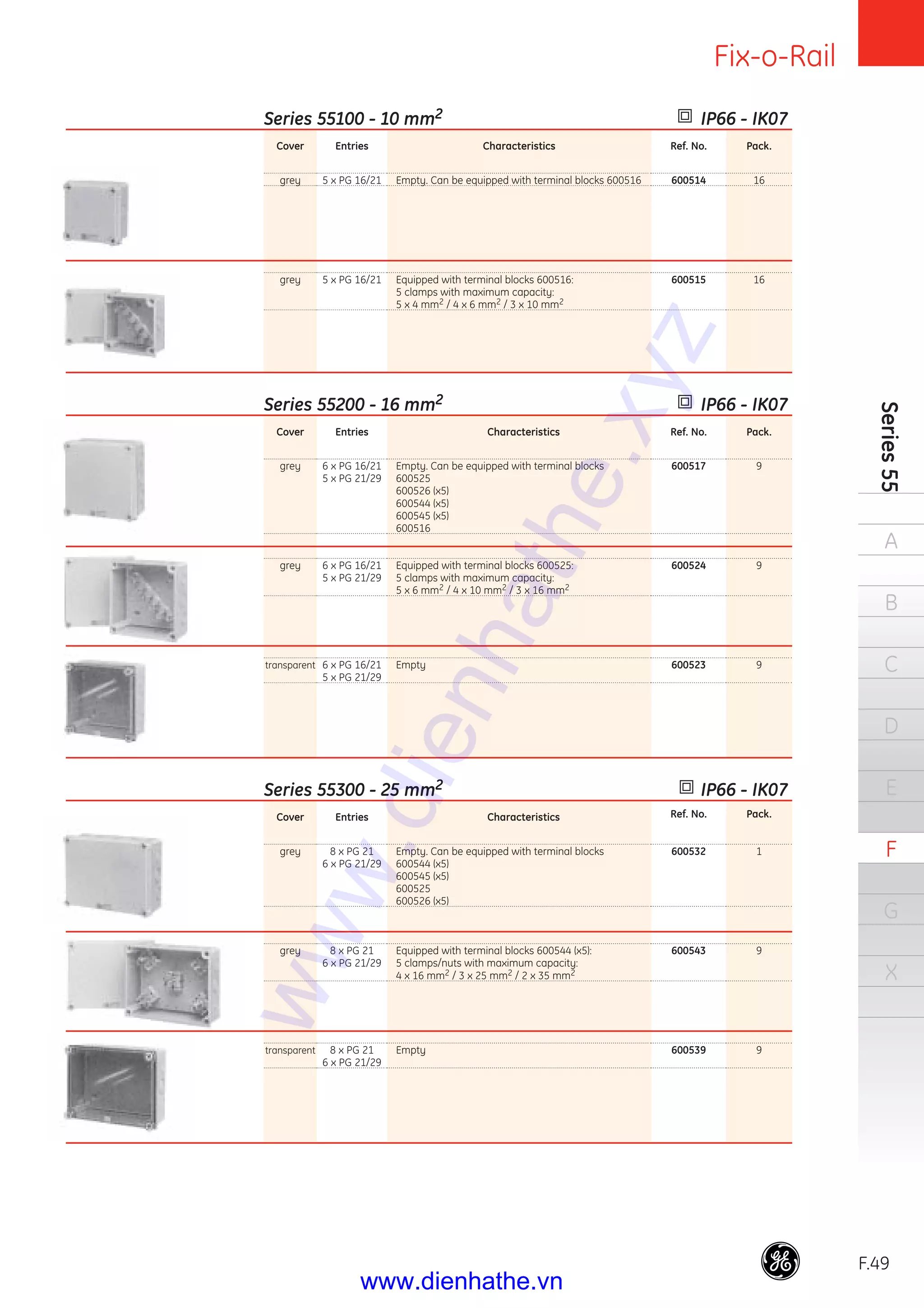 Fix-o-Rail
F.49
Series55
A
B
C
D
E
F
G
X
Cover
grey
grey
Cover
grey
grey
transparent
Cover
grey
grey
transparent
Entries
5 x PG 16/21
5 x PG 16/21
Entries
6 x PG 16/21
5 x PG 21/29
6 x PG 16/21
5 x PG 21/29
6 x PG 16/21
5 x PG 21/29
Entries
8 x PG 21
6 x PG 21/29
8 x PG 21
6 x PG 21/29
8 x PG 21
6 x PG 21/29
Characteristics
Empty. Can be equipped with terminal blocks 600516
Equipped with terminal blocks 600516:
5 clamps with maximum capacity:
5 x 4 mm2 / 4 x 6 mm2 / 3 x 10 mm2
Characteristics
Empty. Can be equipped with terminal blocks
600525
600526 (x5)
600544 (x5)
600545 (x5)
600516
Equipped with terminal blocks 600525:
5 clamps with maximum capacity:
5 x 6 mm2 / 4 x 10 mm2 / 3 x 16 mm2
Empty
Characteristics
Empty. Can be equipped with terminal blocks
600544 (x5)
600545 (x5)
600525
600526 (x5)
Equipped with terminal blocks 600544 (x5):
5 clamps/nuts with maximum capacity:
4 x 16 mm2 / 3 x 25 mm2 / 2 x 35 mm2
Empty
Ref. No.
600514
600515
Ref. No.
600517
600524
600523
Ref. No.
600532
600543
600539
Pack.
16
16
Pack.
9
9
9
Pack.
1
9
9
Series 55100 - 10 mm2 IP66 - IK07
Series 55200 - 16 mm2 IP66 - IK07
Series 55300 - 25 mm2 IP66 - IK07
www.dienhathe.xyz
www.dienhathe.vn
 