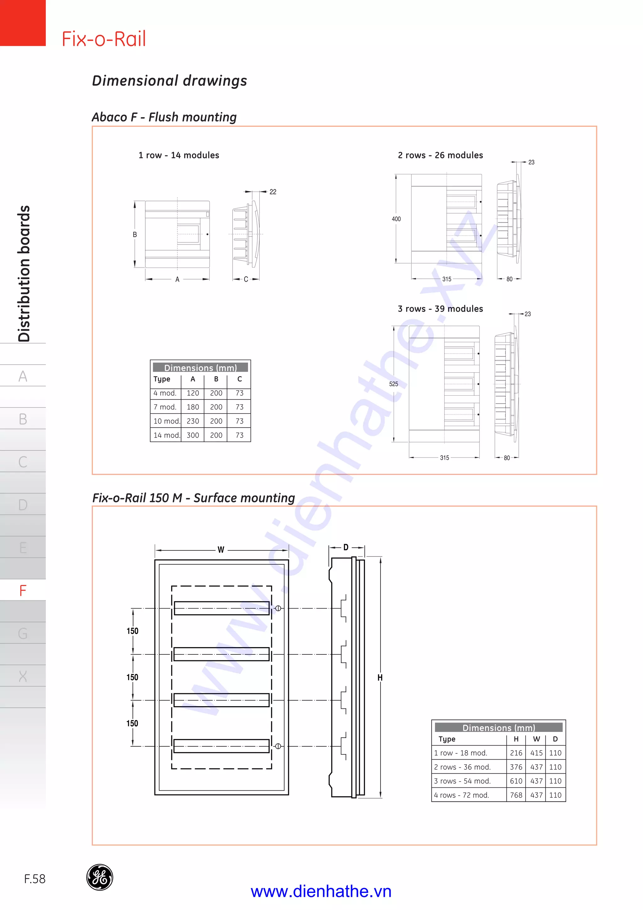 Fix-o-Rail
F.58
Distributionboards
A
B
C
D
E
F
G
X 150
150
150
W D
H
Abaco F - Flush mounting
Fix-o-Rail 150 M - Surface mounting
Dimensional drawings
2 rows - 26 modules1 row - 14 modules
3 rows - 39 modules
Type A B C
4 mod. 120 200 73
7 mod. 180 200 73
10 mod. 230 200 73
14 mod. 300 200 73
Dimensions (mm)
Type H W D
1 row - 18 mod. 216 415 110
2 rows - 36 mod. 376 437 110
3 rows - 54 mod. 610 437 110
4 rows - 72 mod. 768 437 110
Dimensions (mm)
www.dienhathe.xyz
www.dienhathe.vn
 