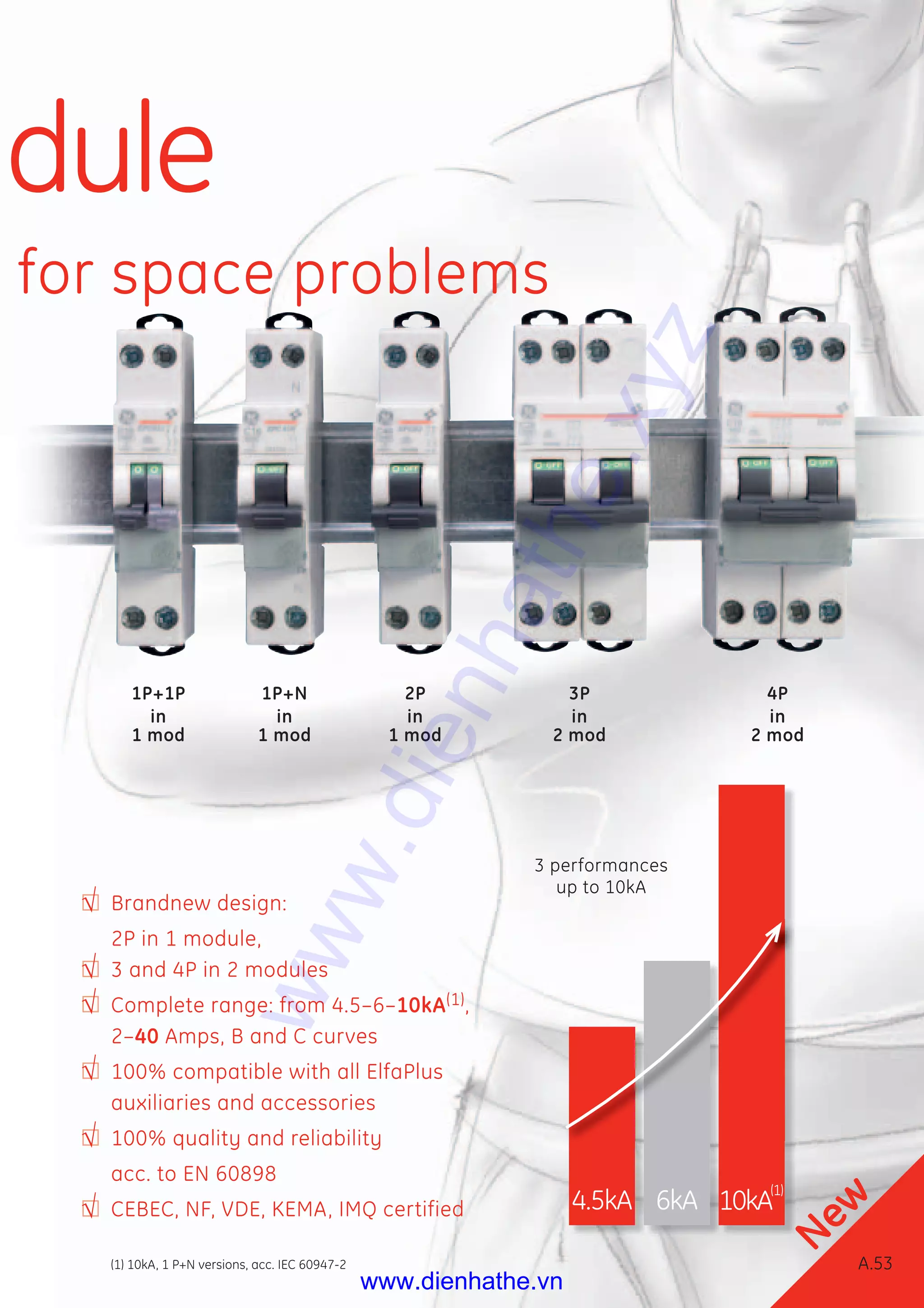 Brandnew design:
2P in 1 module,
3 and 4P in 2 modules
Complete range: from 4.5–6–10kA(1),
2–40 Amps, B and C curves
100% compatible with all ElfaPlus
auxiliaries and accessories
100% quality and reliability
acc. to EN 60898
CEBEC, NF, VDE, KEMA, IMQ certified
dule
4.5kA 6kA 10kA
2P
in
1 mod
1P+1P
in
1 mod
1P+N
in
1 mod
3P
in
2 mod
4P
in
2 mod
3 performances
up to 10kA
for space problems
New
A.53(1) 10kA, 1 P+N versions, acc. IEC 60947-2
(1)
www.dienhathe.xyz
www.dienhathe.vn
 