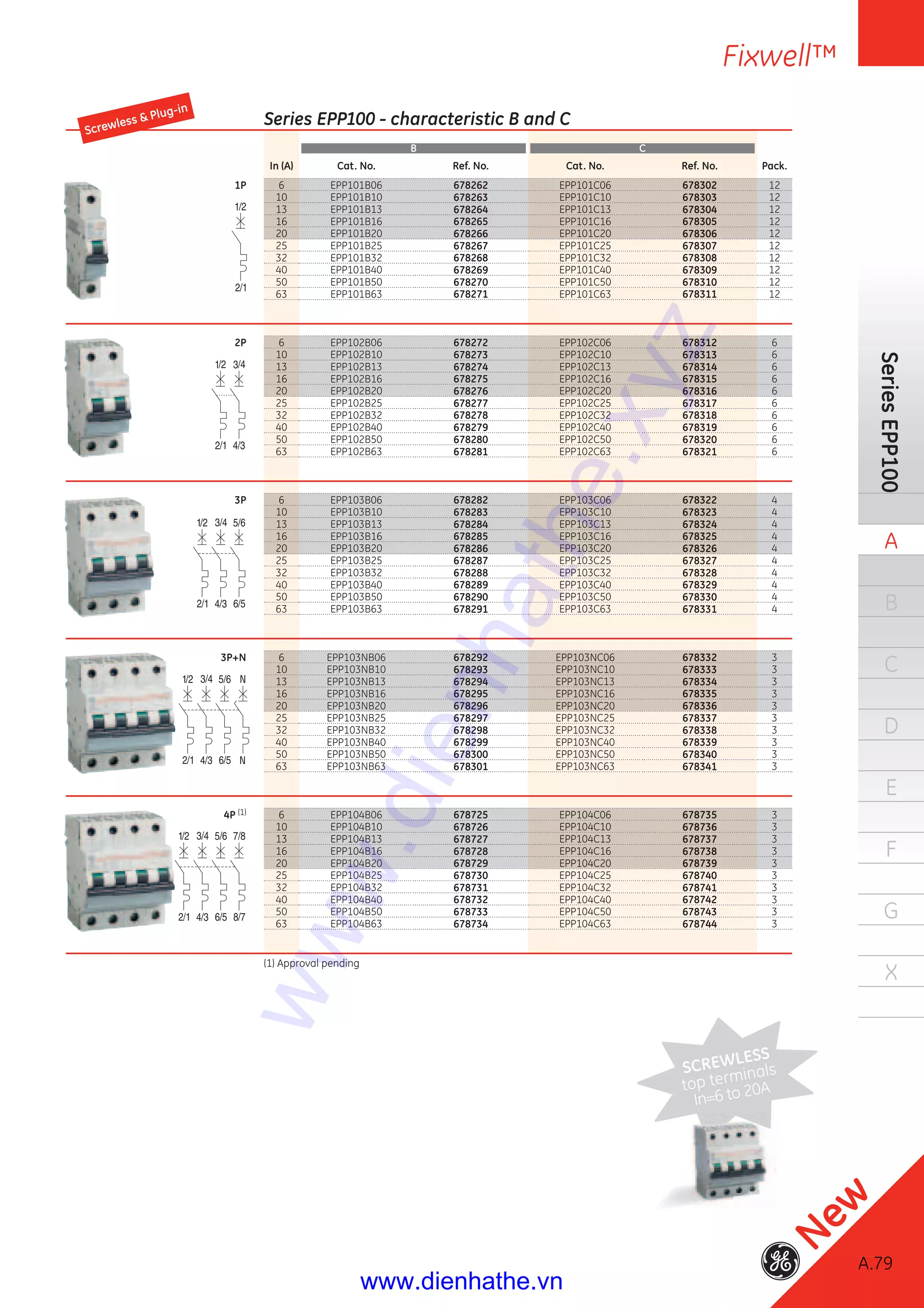 A.79
Fixwell™
SeriesEPP100
A
B
C
D
E
F
G
X
A.79
New
Series EPP100 - characteristic B and C
B C
In (A) Cat. No. Ref. No. Cat. No. Ref. No. Pack.
1P 6 EPP101B06 678262 EPP101C06 678302 12
10 EPP101B10 678263 EPP101C10 678303 12
13 EPP101B13 678264 EPP101C13 678304 12
16 EPP101B16 678265 EPP101C16 678305 12
20 EPP101B20 678266 EPP101C20 678306 12
25 EPP101B25 678267 EPP101C25 678307 12
32 EPP101B32 678268 EPP101C32 678308 12
40 EPP101B40 678269 EPP101C40 678309 12
50 EPP101B50 678270 EPP101C50 678310 12
63 EPP101B63 678271 EPP101C63 678311 12
2P 6 EPP102B06 678272 EPP102C06 678312 6
10 EPP102B10 678273 EPP102C10 678313 6
13 EPP102B13 678274 EPP102C13 678314 6
16 EPP102B16 678275 EPP102C16 678315 6
20 EPP102B20 678276 EPP102C20 678316 6
25 EPP102B25 678277 EPP102C25 678317 6
32 EPP102B32 678278 EPP102C32 678318 6
40 EPP102B40 678279 EPP102C40 678319 6
50 EPP102B50 678280 EPP102C50 678320 6
63 EPP102B63 678281 EPP102C63 678321 6
3P 6 EPP103B06 678282 EPP103C06 678322 4
10 EPP103B10 678283 EPP103C10 678323 4
13 EPP103B13 678284 EPP103C13 678324 4
16 EPP103B16 678285 EPP103C16 678325 4
20 EPP103B20 678286 EPP103C20 678326 4
25 EPP103B25 678287 EPP103C25 678327 4
32 EPP103B32 678288 EPP103C32 678328 4
40 EPP103B40 678289 EPP103C40 678329 4
50 EPP103B50 678290 EPP103C50 678330 4
63 EPP103B63 678291 EPP103C63 678331 4
3P+N 6 EPP103NB06 678292 EPP103NC06 678332 3
10 EPP103NB10 678293 EPP103NC10 678333 3
13 EPP103NB13 678294 EPP103NC13 678334 3
16 EPP103NB16 678295 EPP103NC16 678335 3
20 EPP103NB20 678296 EPP103NC20 678336 3
25 EPP103NB25 678297 EPP103NC25 678337 3
32 EPP103NB32 678298 EPP103NC32 678338 3
40 EPP103NB40 678299 EPP103NC40 678339 3
50 EPP103NB50 678300 EPP103NC50 678340 3
63 EPP103NB63 678301 EPP103NC63 678341 3
4P (1) 6 EPP104B06 678725 EPP104C06 678735 3
10 EPP104B10 678726 EPP104C10 678736 3
13 EPP104B13 678727 EPP104C13 678737 3
16 EPP104B16 678728 EPP104C16 678738 3
20 EPP104B20 678729 EPP104C20 678739 3
25 EPP104B25 678730 EPP104C25 678740 3
32 EPP104B32 678731 EPP104C32 678741 3
40 EPP104B40 678732 EPP104C40 678742 3
50 EPP104B50 678733 EPP104C50 678743 3
63 EPP104B63 678734 EPP104C63 678744 3
(1) Approval pending
SCREWLESS
top terminals
In=6 to 20A
6 EPP101B06 678262 EPP101C06 678302 12
10 EPP101B10 678263 EPP101C10 678303 12
13 EPP101B13 678264 EPP101C13 678304 12
16 EPP101B16 678265 EPP101C16 678305 12
20 EPP101B20 678266 EPP101C20 678306 12
6 EPP102B06 678272 EPP102C06 678312 6
10 EPP102B10 678273 EPP102C10 678313 6
13 EPP102B13 678274 EPP102C13 678314 6
16 EPP102B16 678275 EPP102C16 678315 6
20 EPP102B20 678276 EPP102C20 678316 6
6 EPP103B06 678282 EPP103C06 678322 4
10 EPP103B10 678283 EPP103C10 678323 4
13 EPP103B13 678284 EPP103C13 678324 4
16 EPP103B16 678285 EPP103C16 678325 4
20 EPP103B20 678286 EPP103C20 678326 4
6 EPP103NB06 678292 EPP103NC06 678332 3
10 EPP103NB10 678293 EPP103NC10 678333 3
13 EPP103NB13 678294 EPP103NC13 678334 3
16 EPP103NB16 678295 EPP103NC16 678335 3
20 EPP103NB20 678296 EPP103NC20 678336 3
6 EPP104B06 678725 EPP104C06 678735 3
10 EPP104B10 678726 EPP104C10 678736 3
13 EPP104B13 678727 EPP104C13 678737 3
16 EPP104B16 678728 EPP104C16 678738 3
20 EPP104B20 678729 EPP104C20 678739 3
Screwless & Plug-in
N
N
www.dienhathe.xyz
www.dienhathe.vn
 