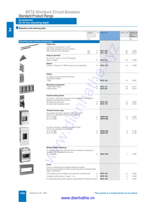 Siemens LV 30 · 20042/38
BETA Miniature Circuit-Breakers
Accessories
for 55 mm mounting depth
Standard Product Range
2
* This quantity or a multiple thereof can be ordered.
■Selection and ordering data
Length DC Order No. Pack. unit* Weight per
unit
approx.
mm kg
Mounting and covering components
Cable links
conductor cross-section: 6 mm2
;
both ends equipped with end sleeves;
5SX miniature circuit-breakers 125 A 5ST1 292 50 0.008
250 A 5ST1 293 50 0.017
Snap-on terminal
for 16 mm2 1-wire or 10 mm2 stranded
width: 0.5 MW A 5ST2 112 50 0.008
Spacer
(contour of N-type, 0.5 MW miniature circuit-breakers) A 5ST2 122 10 0.009
Packer
for height increase from 53 to 60 mm;
snap-snap adapter;
1 MW A 5ST2 120 10 0.002
Mounting components
1 MW (sheet metal) A 5ST2 121 10 0.017
4 MW (plastic) A 5ST2 201 20 0.012
Handle locking device
for N-type, 1-pole 5SX miniature circuit-breakers; for protection
against unintended mechanical:
on-switching (red part) A 5ST2 168 10 0.007
off-switching (transparent part) A 5ST2 170 10 0.007
Terminal covers, gray
For surface mounting; degree of protection IP40
with 35 mm standard mounting rail; sealable
up to 2.5 MW A 5SW3 004 10 0.084
up to 4.5 MW A 5SW3 005 5 0.114
For flush mounting; degree of protection IP40
with 35 mm standard mounting rail
up to 2.5 MW A 5SW3 006 5 0.126
up to 4.5 MW A 5SW3 007 5 0.147
Molded-plastic enclosure
For surface mounting, IP54 with 35 mm standard mounting rail;
sealable with transparent flap cover
up to 4.5 MW A 5SW1 200 1 0.500
Cover
Can be combined with miniature distribution board
Sections are prepared for side-by-side mounting of standard label
caps consisting of
• End plate (can be snapped onto standard mounting rail) A 5ST2 134 10 0.022
• Angled profile (approx. length: 1 m) A 5ST2 135 5 0.330
• Or alternative flat profile (used as cover between the device rows)A 5ST2 136 5 0.260
www.dienhathe.xyz
www.dienhathe.vn
 