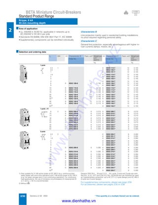 Siemens LV 30 · 20042/30
BETA Miniature Circuit-Breakers
N-type, 6 kA
55 mm mounting depth
Standard Product Range
2
* This quantity or a multiple thereof can be ordered.
■Area of application
• Un: 230/400 V, 50-60 Hz, applicable in networks up to
AC 250/440 V, DC 60 V per pole
• Standards EN 60898, DIN VDE 0641 Part 11, IEC 60898
• Supplementary components can be retrofitted individually.
Characteristic B
Line protection mainly used in residential building installations;
no proof required regarding personal safety.
Characteristic C
General line protection, especially advantageous with higher in-
rush currents (lamps, motors, etc.).
■Selection and ordering data
1) Also suitable for 21 kW active power at DC 400 V (e.g. continuous-flow
water heater with short-time operation) and 7 kW active power at AC 230 V
(e.g. hot water storage tank in non-continuous operation). For continuous
load applications, the use of miniature circuit-breakers of characteristic B
or C and In = 40 A is recommended.
2) Without V
Designs 5SX2 B 6 ... 50 and C 0.5 ... 50 1-pole, 2-pole and 3-pole are certi-
fied acc. to UL 1077 and CSA 22.2 No. 235-M 89 and can therefore be used
as "supplementary protectors" up to AC 277 V (1-pole design) and AC 480 V
(2-pole and 3-pole design).
For supplementary components, please see page 2/34.
For accessories, please see pages 2/35 to 2/38.
In MW DC Characteristic B Pack. unit* Weight per
unit
approx.
DC Characteristic C Pack. unit* Weight per
unit
approx.
Order No. Order No.
kg kg
1-pole
0.3 1 - A 5SX2 114-7 12 0.140
0.5 - A 5SX2 105-7 12 0.140
1 - A 5SX2 101-7 12 0.140
1.6 - A 5SX2 115-7 12 0.140
2 - A 5SX2 102-7 12 0.140
3 - A 5SX2 103-7 12 0.140
4 - A 5SX2 104-7 12 0.140
6 A 5SX2 106-6 12 0.140 A 5SX2 106-7 12 0.140
8 - A 5SX2 108-7 12 0.140
10 A 5SX2 110-6 12 0.140 A 5SX2 110-7 12 0.140
13 A 5SX2 113-6 12 0.140 A 5SX2 113-7 12 0.140
16 A 5SX2 116-6 12 0.140 A 5SX2 116-7 12 0.140
20 A 5SX2 120-6 12 0.140 A 5SX2 120-7 12 0.140
25 A 5SX2 125-6 12 0.140 A 5SX2 125-7 12 0.140
321)
A 5SX2 132-6 12 0.140 A 5SX2 132-7 12 0.140
40 A 5SX2 140-6 12 0.115 A 5SX2 140-7 12 0.115
50 A 5SX2 150-6 12 0.115 A 5SX2 150-7 12 0.115
632) - A 5SX2 163-7 12 0.150
1-pole + N
6 2 A 5SX2 506-6 6 0.210 A 5SX2 506-7 6 0.210
10 A 5SX2 510-6 6 0.210 A 5SX2 510-7 6 0.210
13 A 5SX2 513-6 6 0.210 A 5SX2 513-7 6 0.210
16 A 5SX2 516-6 6 0.210 A 5SX2 516-7 6 0.210
20 A 5SX2 520-6 6 0.210 A 5SX2 520-7 6 0.210
25 A 5SX2 525-6 6 0.210 A 5SX2 525-7 6 0.210
32 C 5SX2 532-6 6 0.210 A 5SX2 532-7 6 0.210
40 D 5SX2 540-6 6 0.300 A 5SX2 540-7 6 0.300
50 D 5SX2 550-6 6 0.300 D 5SX2 550-7 6 0.300
2-pole
0.5 2 - A 5SX2 205-7 6 0.280
1 - A 5SX2 201-7 6 0.280
1.6 - A 5SX2 215-7 6 0.280
2 - A 5SX2 202-7 6 0.280
3 - A 5SX2 203-7 6 0.280
4 - A 5SX2 204-7 6 0.280
6 A 5SX2 206-6 6 0.280 A 5SX2 206-7 6 0.280
8 - A 5SX2 208-7 6 0.280
10 A 5SX2 210-6 6 0.280 A 5SX2 210-7 6 0.280
13 A 5SX2 213-6 6 0.280 A 5SX2 213-7 6 0.280
16 A 5SX2 216-6 6 0.280 A 5SX2 216-7 6 0.280
20 A 5SX2 220-6 6 0.280 A 5SX2 220-7 6 0.280
25 A 5SX2 225-6 6 0.280 A 5SX2 225-7 6 0.280
32 A 5SX2 232-6 6 0.280 A 5SX2 232-7 6 0.280
40 A 5SX2 240-6 6 0.300 A 5SX2 240-7 6 0.300
50 D 5SX2 250-6 6 0.300 A 5SX2 250-7 6 0.300
632)
- A 5SX2 263-7 6 0.300
2
1
N/14
N/13
2
1
2
1
4
3
6 000
3V
www.dienhathe.xyz
www.dienhathe.vn
 