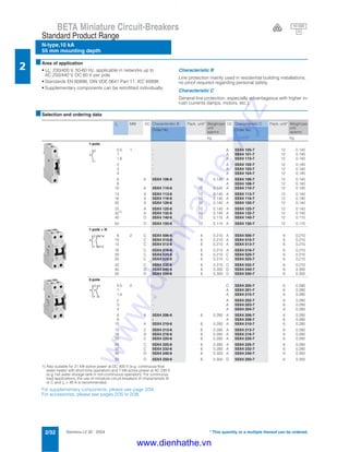 Siemens LV 30 · 20042/32
BETA Miniature Circuit-Breakers
N-type,10 kA
55 mm mounting depth
Standard Product Range
2
* This quantity or a multiple thereof can be ordered.
■Area of application
• Un: 230/400 V, 50-60 Hz, applicable in networks up to
AC 250/440 V, DC 60 V per pole
• Standards EN 60898, DIN VDE 0641 Part 11, IEC 60898
• Supplementary components can be retrofitted individually.
Characteristic B
Line protection mainly used in residential building installations;
no proof required regarding personal safety.
Characteristic C
General line protection, especially advantageous with higher in-
rush currents (lamps, motors, etc.).
■Selection and ordering data
1) Also suitable for 21 kW active power at DC 400 V (e.g. continuous-flow
water heater with short-time operation) and 7 kW active power at AC 230 V
(e.g. hot water storage tank in non-continuous operation). For continuous
load applications, the use of miniature circuit-breakers of characteristic B
or C and In = 40 A is recommended.
For supplementary components, please see page 2/34.
For accessories, please see pages 2/35 to 2/38.
In MW DC Characteristic B Pack. unit* Weight per
unit
approx.
DC Characteristic C Pack. unit* Weight per
unit
approx.
Order No. Order No.
kg kg
1-pole
0.5 1 - A 5SX4 105-7 12 0.140
1 - A 5SX4 101-7 12 0.140
1.6 - A 5SX4 115-7 12 0.140
2 - A 5SX4 102-7 12 0.140
3 - A 5SX4 103-7 12 0.140
4 - A 5SX4 104-7 12 0.140
6 A 5SX4 106-6 12 0.140 A 5SX4 106-7 12 0.140
8 - A 5SX4 108-7 12 0.140
10 A 5SX4 110-6 12 0.140 A 5SX4 110-7 12 0.140
13 A 5SX4 113-6 12 0.140 A 5SX4 113-7 12 0.140
16 A 5SX4 116-6 12 0.140 A 5SX4 116-7 12 0.140
20 A 5SX4 120-6 12 0.140 A 5SX4 120-7 12 0.140
25 A 5SX4 125-6 12 0.140 A 5SX4 125-7 12 0.140
321)
A 5SX4 132-6 12 0.140 A 5SX4 132-7 12 0.140
40 D 5SX4 140-6 12 0.115 A 5SX4 140-7 12 0.115
50 D 5SX4 150-6 12 0.115 A 5SX4 150-7 12 0.115
1-pole + N
6 2 C 5SX4 506-6 6 0.210 A 5SX4 506-7 6 0.210
10 C 5SX4 510-6 6 0.210 A 5SX4 510-7 6 0.210
13 C 5SX4 513-6 6 0.210 A 5SX4 513-7 6 0.210
16 C 5SX4 516-6 6 0.210 A 5SX4 516-7 6 0.210
20 C 5SX4 520-6 6 0.210 C 5SX4 520-7 6 0.210
25 C 5SX4 525-6 6 0.210 C 5SX4 525-7 6 0.210
32 C 5SX4 532-6 6 0.210 C 5SX4 532-7 6 0.210
40 D 5SX4 540-6 6 0.300 D 5SX4 540-7 6 0.300
50 D 5SX4 550-6 6 0.300 D 5SX4 550-7 6 0.300
2-pole
0.5 2 - C 5SX4 205-7 6 0.280
1 - A 5SX4 201-7 6 0.280
1.6 - A 5SX4 215-7 6 0.280
2 - A 5SX4 202-7 6 0.280
3 - A 5SX4 203-7 6 0.280
4 - A 5SX4 204-7 6 0.280
6 A 5SX4 206-6 6 0.280 A 5SX4 206-7 6 0.280
8 - A 5SX4 208-7 6 0.280
10 A 5SX4 210-6 6 0.280 A 5SX4 210-7 6 0.280
13 C 5SX4 213-6 6 0.280 A 5SX4 213-7 6 0.280
16 A 5SX4 216-6 6 0.280 A 5SX4 216-7 6 0.280
20 C 5SX4 220-6 6 0.280 A 5SX4 220-7 6 0.280
25 C 5SX4 225-6 6 0.280 A 5SX4 225-7 6 0.280
32 C 5SX4 232-6 6 0.280 A 5SX4 232-7 6 0.280
40 D 5SX4 240-6 6 0.300 A 5SX4 240-7 6 0.300
50 D 5SX4 250-6 6 0.300 D 5SX4 250-7 6 0.300
2
1
N/14
N/13
2
1
2
1
4
3
10 000
3V
www.dienhathe.xyz
www.dienhathe.vn
 