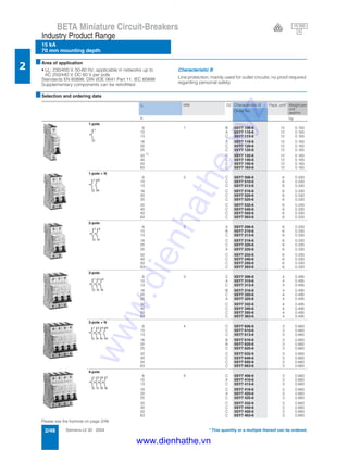 Siemens LV 30 · 20042/48
BETA Miniature Circuit-Breakers
15 kA
70 mm mounting depth
Industry Product Range
2
* This quantity or a multiple thereof can be ordered.
■Area of application
• Un: 230/400 V, 50-60 Hz, applicable in networks up to
AC 250/440 V, DC 60 V per pole
Standards EN 60898, DIN VDE 0641 Part 11, IEC 60898
Supplementary components can be retrofitted.
Characteristic B
Line protection, mainly used for outlet circuits; no proof required
regarding personal safety.
■Selection and ordering data
Please see the footnote on page 2/49.
In MW DC Characteristic B Pack. unit* Weight per
unit
approx.Order No.
A kg
1-pole
6 1 B 5SY7 106-6 12 0.165
10 A 5SY7 110-6 12 0.165
13 C 5SY7 113-6 12 0.165
16 A 5SY7 116-6 12 0.165
20 C 5SY7 120-6 12 0.165
25 C 5SY7 125-6 12 0.165
32 1) C 5SY7 132-6 12 0.165
40 C 5SY7 140-6 12 0.165
50 C 5SY7 150-6 12 0.165
63 C 5SY7 163-6 12 0.165
1-pole + N
6 2 C 5SY7 506-6 6 0.330
10 C 5SY7 510-6 6 0.330
13 C 5SY7 513-6 6 0.330
16 C 5SY7 516-6 6 0.330
20 C 5SY7 520-6 6 0.330
25 C 5SY7 525-6 6 0.330
32 C 5SY7 532-6 6 0.330
40 C 5SY7 540-6 6 0.330
50 C 5SY7 550-6 6 0.330
63 C 5SY7 563-6 6 0.330
2-pole
6 2 A 5SY7 206-6 6 0.330
10 B 5SY7 210-6 6 0.330
13 C 5SY7 213-6 6 0.330
16 C 5SY7 216-6 6 0.330
20 C 5SY7 220-6 6 0.330
25 A 5SY7 225-6 6 0.330
32 C 5SY7 232-6 6 0.330
40 C 5SY7 240-6 6 0.330
50 C 5SY7 250-6 6 0.330
63 C 5SY7 263-6 6 0.330
3-pole
6 3 C 5SY7 306-6 4 0.495
10 A 5SY7 310-6 4 0.495
13 C 5SY7 313-6 4 0.495
16 B 5SY7 316-6 4 0.495
20 C 5SY7 320-6 4 0.495
25 A 5SY7 325-6 4 0.495
32 C 5SY7 332-6 4 0.495
40 C 5SY7 340-6 4 0.495
50 C 5SY7 350-6 4 0.495
63 C 5SY7 363-6 4 0.495
3-pole + N
6 4 C 5SY7 606-6 3 0.660
10 C 5SY7 610-6 3 0.660
13 C 5SY7 613-6 3 0.660
16 B 5SY7 616-6 3 0.660
20 B 5SY7 620-6 3 0.660
25 C 5SY7 625-6 3 0.660
32 C 5SY7 632-6 3 0.660
40 C 5SY7 640-6 3 0.660
50 C 5SY7 650-6 3 0.660
63 C 5SY7 663-6 3 0.660
4-pole
6 4 C 5SY7 406-6 3 0.660
10 A 5SY7 410-6 3 0.660
13 C 5SY7 413-6 3 0.660
16 C 5SY7 416-6 3 0.660
20 A 5SY7 420-6 3 0.660
25 C 5SY7 425-6 3 0.660
32 C 5SY7 432-6 3 0.660
40 C 5SY7 440-6 3 0.660
50 C 5SY7 450-6 3 0.660
63 C 5SY7 463-6 3 0.660
1
2
N
N
1
2
1
2
3
4
2
1
4
3
6
5
1
2
3
4
5
6
N
N
1
2
3
4
5
6
7
8
15 000
3V
www.dienhathe.xyz
www.dienhathe.vn
 