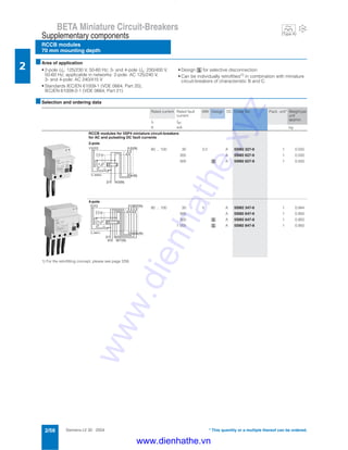 Siemens LV 30 · 20042/56
BETA Miniature Circuit-Breakers
RCCB modules
70 mm mounting depth
Supplementary components
2
* This quantity or a multiple thereof can be ordered.
■Area of application
• 2-pole Un: 125/230 V, 50-60 Hz; 3- and 4-pole Un: 230/400 V,
50-60 Hz; applicable in networks: 2-pole: AC 125/240 V,
3- and 4-pole: AC 240/415 V
• Standards IEC/EN 61009-1 (VDE 0664, Part 20),
IEC/EN 61009-2-1 (VDE 0664, Part 21)
• Design î for selective disconnection
• Can be individually retrofitted1) in combination with miniature
circuit-breakers of characteristic B and C.
■Selection and ordering data
1) For the retrofitting concept, please see page 2/58.
Rated current Rated fault
current
MW Design DC Order No. Pack. unit* Weight per
unit
approx.
In IΔn
A mA kg
RCCB modules for 5SP4 miniature circuit-breakers
for AC and pulsating DC fault currents
2-pole
80 ... 100 30 3.5 A 5SM2 327-6 1 0.550
300 A 5SM2 627-6 1 0.550
300 î A 5SM2 627-8 1 0.550
4-pole
80 ... 100 30 5 A 5SM2 347-6 1 0.944
300 A 5SM2 647-6 1 0.950
300 î A 5SM2 647-8 1 0.950
1 000 î A 5SM2 847-8 1 0.950
I2_06662c 2 4
(N)Y2Y1 1 3
(N)
4/3(N)2/1
1 3 5 7
( N )2 4 6 8
( N )1 Y 2
2 / 1
4 / 3
6 / 5
8 / 7 ( N )
I 2 _ 0 6 6 6 1 c
(Type A)
-25
www.dienhathe.xyz
www.dienhathe.vn
 