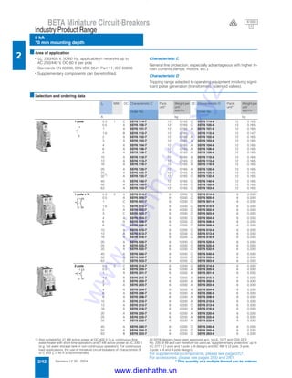 Siemens LV 30 · 20042/42
BETA Miniature Circuit-Breakers
6 kA
70 mm mounting depth
Industry Product Range
2
* This quantity or a multiple thereof can be ordered.
6 000
3V
■Area of application
• Un: 230/400 V, 50-60 Hz, applicable in networks up to
AC 250/440 V, DC 60 V per pole
• Standards EN 60898, DIN VDE 0641 Part 11, IEC 60898
• Supplementary components can be retrofitted.
Characteristic C
General line protection, especially advantageous with higher in-
rush currents (lamps, motors, etc.).
Characteristic D
Tripping range adapted to operating equipment involving signif-
icant pulse generation (transformers, solenoid valves).
■Selection and ordering data
1) Also suitable for 21 kW active power at DC 400 V (e.g. continuous-flow
water heater with short-time operation) and 7 kW active power at AC 230 V
(e.g. hot water storage tank in non-continuous operation). For continuous
load applications, the use of miniature circuit-breakers of characteristic B
or C and In = 40 A is recommended.
All 5SY6 designs have been approved acc. to UL 1077 and CSA 22.2
No. 235-M 89 and can therefore be used as "supplementary protectors" up to
AC 277 V (1-pole and 1-pole + N design) and AC 480 V (2-pole, 3-pole,
3-pole + N and 4-pole design).
For supplementary components, please see page 2/57.
For accessories, please see pages 2/60 and 2/61.
In MW DC Characteristic C Pack.
unit*
Weight per
unit
approx.
DC Characteristic D Pack.
unit*
Weight per
unit
approx.Order No. Order No.
A kg kg
1-pole 0.3 1 C 5SY6 114-7 12 0.165 C 5SY6 114-8 12 0.165
0.5 A 5SY6 105-7 12 0.165 C 5SY6 105-8 12 0.165
1 A 5SY6 101-7 12 0.165 A 5SY6 101-8 12 0.165
1.6 B 5SY6 115-7 12 0.165 C 5SY6 115-8 12 0.147
2 A 5SY6 102-7 12 0.165 A 5SY6 102-8 12 0.165
3 A 5SY6 103-7 12 0.165 A 5SY6 103-8 12 0.165
4 A 5SY6 104-7 12 0.165 A 5SY6 104-8 12 0.165
6 A 5SY6 106-7 12 0.165 A 5SY6 106-8 12 0.165
8 A 5SY6 108-7 12 0.165 A 5SY6 108-8 12 0.165
10 A 5SY6 110-7 12 0.165 A 5SY6 110-8 12 0.165
13 A 5SY6 113-7 12 0.165 C 5SY6 113-8 12 0.165
16 A 5SY6 116-7 12 0.165 A 5SY6 116-8 12 0.165
20 A 5SY6 120-7 12 0.165 A 5SY6 120-8 12 0.165
25 A 5SY6 125-7 12 0.165 A 5SY6 125-8 12 0.165
321)
A 5SY6 132-7 12 0.165 C 5SY6 132-8 12 0.165
40 A 5SY6 140-7 12 0.165 C 5SY6 140-8 12 0.165
50 A 5SY6 150-7 12 0.165 C 5SY6 150-8 12 0.165
63 A 5SY6 163-7 12 0.165 C 5SY6 163-8 12 0.165
1-pole + N 0.3 2 A 5SY6 514-7 6 0.330 C 5SY6 514-8 6 0.330
0.5 A 5SY6 505-7 6 0.330 C 5SY6 505-8 6 0.330
1 C 5SY6 501-7 6 0.330 C 5SY6 501-8 6 0.330
1.6 C 5SY6 515-7 6 0.330 C 5SY6 515-8 6 0.330
2 A 5SY6 502-7 6 0.330 C 5SY6 502-8 6 0.330
3 C 5SY6 503-7 6 0.330 C 5SY6 503-8 6 0.330
4 A 5SY6 504-7 6 0.330 C 5SY6 504-8 6 0.330
6 A 5SY6 506-7 6 0.330 C 5SY6 506-8 6 0.330
8 C 5SY6 508-7 6 0.330 C 5SY6 508-8 6 0.330
10 A 5SY6 510-7 6 0.330 C 5SY6 510-8 6 0.330
13 A 5SY6 513-7 6 0.330 C 5SY6 513-8 6 0.330
16 A 5SY6 516-7 6 0.330 C 5SY6 516-8 6 0.330
20 A 5SY6 520-7 6 0.330 C 5SY6 520-8 6 0.330
25 A 5SY6 525-7 6 0.330 C 5SY6 525-8 6 0.330
32 A 5SY6 532-7 6 0.330 C 5SY6 532-8 6 0.330
40 A 5SY6 540-7 6 0.330 C 5SY6 540-8 6 0.330
50 A 5SY6 550-7 6 0.330 C 5SY6 550-8 6 0.330
63 C 5SY6 563-7 6 0.330 C 5SY6 563-8 6 0.330
2-pole 0.3 2 C 5SY6 214-7 6 0.330 C 5SY6 214-8 6 0.330
0.5 A 5SY6 205-7 6 0.330 A 5SY6 205-8 6 0.330
1 A 5SY6 201-7 6 0.330 A 5SY6 201-8 6 0.330
1.6 B 5SY6 215-7 6 0.330 A 5SY6 215-8 6 0.330
2 A 5SY6 202-7 6 0.330 A 5SY6 202-8 6 0.330
3 A 5SY6 203-7 6 0.330 A 5SY6 203-8 6 0.330
4 A 5SY6 204-7 6 0.330 A 5SY6 204-8 6 0.330
6 A 5SY6 206-7 6 0.330 A 5SY6 206-8 6 0.330
8 A 5SY6 208-7 6 0.330 A 5SY6 208-8 6 0.330
10 A 5SY6 210-7 6 0.330 A 5SY6 210-8 6 0.330
13 A 5SY6 213-7 6 0.330 C 5SY6 213-8 6 0.330
16 A 5SY6 216-7 6 0.330 A 5SY6 216-8 6 0.330
20 A 5SY6 220-7 6 0.330 A 5SY6 220-8 6 0.330
25 A 5SY6 225-7 6 0.330 A 5SY6 225-8 6 0.330
32 A 5SY6 232-7 6 0.330 A 5SY6 232-8 6 0.330
40 A 5SY6 240-7 6 0.330 C 5SY6 240-8 6 0.330
50 A 5SY6 250-7 6 0.330 C 5SY6 250-8 6 0.330
63 B 5SY6 263-7 6 0.330 C 5SY6 263-8 6 0.330
1
2
N
N
1
2
1
2
3
4
www.dienhathe.xyz
www.dienhathe.vn
 