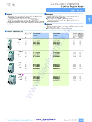 Miniature Circuit-Breakers
Standard Product Range
5SJ6 ...-.KS, 6 kA
3/25Siemens ET B1 T · 2007
1
2
3
4
5
6
7
8
9
10
11
12
13
14
15
16
17
■Benefits
• Quicker and safer connection of load circuits using screwless
terminal pairs on the outgoing terminals.
• If using flexible conductors, no end sleeve necessary
• Outstanding touch protection according to VBG4/BGV A3
• Simple voltage test thanks to test point on side of outgoing terminal
• Complete compatibility with all other 5SJ and 5SY miniature circuit-
breakers
■Application
• Un: 230/400 V, 50 to 60 Hz, can be used in systems up to
250/440 V AC, 60 V DC per pole
• Standards: IEC/EN 60898, DIN VDE 0641 Part 11
• Particularly suitable for use in lighting and socket circuits in
residential buildings.
■Functions
• Double, screwless outgoing terminal for rigid and flexible conduc-
tors from 1.5 to 4 mm2
• Tool-free disconnection and manual removal
■Selection and ordering data
In MW Characteristic B Characteristic C Weight
1 unit
approx.
PS*
P. unitOrder No. Order No.
A kg Unit(s)
1-pole
10 1 5SJ6 110-6KS 5SJ6 110-7KS 0.111 1/12
13 5SJ6 113-6KS 5SJ6 113-7KS 0.111 1/12
16 5SJ6 116-6KS 5SJ6 116-7KS 0.111 1/12
20 5SJ6 120-6KS 5SJ6 120-7KS 0.111 1/12
1-pole + N
10 2 5SJ6 510-6KS 5SJ6 510-7KS 0.185 1/12
13 5SJ6 513-6KS 5SJ6 513-7KS 0.185 1/12
16 5SJ6 516-6KS 5SJ6 516-7KS 0.185 1/12
20 5SJ6 520-6KS 5SJ6 520-7KS 0.185 1/12
2-pole
10 2 5SJ6 210-6KS 5SJ6 210-7KS 0.225 1/12
13 5SJ6 213-6KS 5SJ6 213-7KS 0.225 1/12
16 5SJ6 216-6KS 5SJ6 216-7KS 0.225 1/12
20 5SJ6 220-6KS 5SJ6 220-7KS 0.225 1/12
3-pole
N 10 3 5SJ6 310-6KS 5SJ6 310-7KS 0.345 1/12
13 5SJ6 313-6KS 5SJ6 313-7KS 0.345 1/12
16 5SJ6 316-6KS 5SJ6 316-7KS 0.345 1/12
20 5SJ6 320-6KS 5SJ6 320-7KS 0.345 1/12
1
2
N
N
1
2
1
2
3
4
2
1
4
3
6
5
* You can order this quantity or a multiple thereof.
6 000
3
www.dienhathe.xyz
www.dienhathe.vn
 
