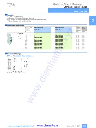 Miniature Circuit-Breakers
Standard Product Range
5SY6 ...-.KV, 6 kA
3/27Siemens ET B1 T · 2007
1
2
3
4
5
6
7
8
9
10
11
12
13
14
15
16
17
■Application
• Un: 230 V AC, 50 to 60 Hz
• Standards: IEC/EN 60898, DIN VDE 0641 Part 11
• 1+N in 1 MW for distribution applications with little available space
• Additional components can be retrofitted
■Selection and ordering data
■Dimensional drawings
5SY6 . .- . KV miniature circuit-breakers . .-.
In MW Characteristic B Characteristic C Weight
1 unit
approx.
PS*
P. unitOrder No. Order No.
A kg Unit(s)
1-pole + N
2 1 – 5SY6 002-7KV 0.132 1/12
4 – 5SY6 004-7KV 0.132 1/12
6 5SY6 006-6KV 5SY6 006-7KV 0.132 1/12
8 – 5SY6 008-7KV 0.132 1/12
10 5SY6 010-6KV 5SY6 010-7KV 0.132 1/12
13 5SY6 013-6KV 5SY6 013-7KV 0.132 1/12
16 5SY6 016-6KV 5SY6 016-7KV 0.132 1/12
20 5SY6 020-6KV 5SY6 020-7KV 0.132 1/12
25 5SY6 025-6KV 5SY6 025-7KV 0.132 1/12
32 5SY6 032-6KV 5SY6 032-7KV 0.132 1/12
40 5SY6 040-6KV 5SY6 040-7KV 0.132 1/12
2
1
N
N
45
70,5
6
18
45
90
I2_08625
* You can order this quantity or a multiple thereof.
6 000
3
www.dienhathe.xyz
www.dienhathe.vn
 