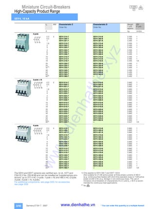 Miniature Circuit-Breakers
High-Capacity Product Range
5SY4, 10 kA
3/40 Siemens ET B1 T · 2007
The 5SY4 and 5SY7 versions are certified acc. to UL 1077 and
CSA 22.2 No. 235-M 89 and can be installed as "supplementary pro-
tectors" up to 277 V AC (1-pole, 1-pole + N) and 480 V AC (2-pole,
3-pole, 3-pole + N, 4-pole).
For additional components, see page 3/53; for accessories,
see page 3/59.
1) Only applies to 5SY4 332-7 and 5SY7 132-6:
Also suitable for 21-kW active power at three-phase currents of 400 V
(e.g. continuous-flow heaters with short-time operation duty) or 7-kW active
power at 230 V AC (e.g. storage in not-continuous duty). The use of
miniature circuit-breakers of characteristic B or C and In = 40 A is recom-
mended for continuous load applications.
2)
No V.
In MW Characteristic C Characteristic D Weight
1 unit
approx.
PS*
P. unitOrder No. Order No.
A kg Unit(s)
3-pole
0.3 3 5SY4 314-7 5SY4 314-8 0.495 1
0.5 5SY4 305-7 5SY4 305-8 0.495 1
1 5SY4 301-7 5SY4 301-8 0.495 1
1.6 5SY4 315-7 5SY4 315-8 0.495 1
2 5SY4 302-7 5SY4 302-8 0.495 1
3 5SY4 303-7 5SY4 303-8 0.495 1
4 5SY4 304-7 5SY4 304-8 0.495 1
6 5SY4 306-7 5SY4 306-8 0.495 1
8 5SY4 308-7 5SY4 308-8 0.495 1
10 5SY4 310-7 5SY4 310-8 0.495 1
13 5SY4 313-7 5SY4 313-8 0.495 1
16 5SY4 316-7 5SY4 316-8 0.495 1/4
20 5SY4 320-7 5SY4 320-8 0.495 1
25 5SY4 325-7 5SY4 325-8 0.495 1
321)
5SY4 332-7 5SY4 332-8 0.495 1
40 5SY4 340-7 5SY4 340-8 0.495 1
50 5SY4 350-7 5SY4 350-8 0.495 1
63 5SY4 363-7 5SY4 363-8 0.495 1
802)
5SY4 380-7 -- 0.482 1
3-pole + N
0.3 4 5SY4 614-7 5SY4 614-8 0.660 1
0.5 5SY4 605-7 5SY4 605-8 0.660 1
1 5SY4 601-7 5SY4 601-8 0.660 1
1.6 5SY4 615-7 5SY4 615-8 0.660 1
2 5SY4 602-7 5SY4 602-8 0.660 1
3 5SY4 603-7 5SY4 603-8 0.660 1
4 5SY4 604-7 5SY4 604-8 0.660 1
6 5SY4 606-7 5SY4 606-8 0.660 1
8 5SY4 608-7 5SY4 608-8 0.660 1
10 5SY4 610-7 5SY4 610-8 0.660 1
13 5SY4 613-7 5SY4 613-8 0.660 1
16 5SY4 616-7 5SY4 616-8 0.660 1
20 5SY4 620-7 5SY4 620-8 0.660 1
25 5SY4 625-7 5SY4 625-8 0.660 1
32 5SY4 632-7 5SY4 632-8 0.660 1
40 5SY4 640-7 5SY4 640-8 0.660 1
50 5SY4 650-7 5SY4 650-8 0.660 1
63 5SY4 663-7 5SY4 663-8 0.660 1
802)
5SY4 680-7 -- 0.647 1/3
4-pole
0.3 4 5SY4 414-7 5SY4 414-8 0.660 1
0.5 5SY4 405-7 5SY4 405-8 0.660 1
1 5SY4 401-7 5SY4 401-8 0.660 1
1.6 5SY4 415-7 5SY4 415-8 0.660 1
2 5SY4 402-7 5SY4 402-8 0.660 1
3 5SY4 403-7 5SY4 403-8 0.660 1
4 5SY4 404-7 5SY4 404-8 0.660 1
6 5SY4 406-7 5SY4 406-8 0.660 1
8 5SY4 408-7 5SY4 408-8 0.660 1
10 5SY4 410-7 5SY4 410-8 0.660 1
13 5SY4 413-7 5SY4 413-8 0.660 1
16 5SY4 416-7 5SY4 416-8 0.660 1
20 5SY4 420-7 5SY4 420-8 0.660 1
25 5SY4 425-7 5SY4 425-8 0.660 1
32 5SY4 432-7 5SY4 432-8 0.660 1
40 5SY4 440-7 5SY4 440-8 0.660 1
50 5SY4 450-7 5SY4 450-8 0.660 1
63 5SY4 463-7 5SY4 463-8 0.660 1
802)
5SY4 480-7 -- 0.647 1/3
2
1
4
3
6
5
1
2
3
4
5
6
N
N
1
2
3
4
5
6
7
8
* You can order this quantity or a multiple thereof.
10 000
3
www.dienhathe.xyz
www.dienhathe.vn
 