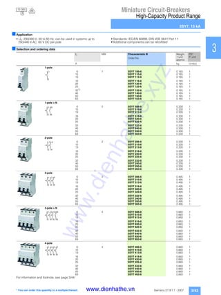 Miniature Circuit-Breakers
High-Capacity Product Range
5SY7, 15 kA
3/43Siemens ET B1 T · 2007
1
2
3
4
5
6
7
8
9
10
11
12
13
14
15
16
17
■Application
• Un: 230/400 V, 50 to 60 Hz, can be used in systems up to
250/440 V AC, 60 V DC per pole
• Standards: IEC/EN 60898, DIN VDE 0641 Part 11
• Additional components can be retrofitted
■Selection and ordering data
For information and footnote, see page 3/44.
In MW Characteristic B Weight
1 unit
approx.
PS*
P. unitOrder No.
A kg Unit(s)
1-pole
6 1 5SY7 106-6 0.165 1
10 5SY7 110-6 0.165 1
13 5SY7 113-6 0.165 1
16 5SY7 116-6 0.165 1
20 5SY7 120-6 0.165 1
25 5SY7 125-6 0.165 1
321)
5SY7 132-6 0.165 1
40 5SY7 140-6 0.165 1
50 5SY7 150-6 0.165 1
63 5SY7 163-6 0.165 1
1-pole + N
6 2 5SY7 506-6 0.330 1
10 5SY7 510-6 0.330 1
13 5SY7 513-6 0.330 1
16 5SY7 516-6 0.330 1
20 5SY7 520-6 0.330 1
25 5SY7 525-6 0.330 1
32 5SY7 532-6 0.330 1
40 5SY7 540-6 0.330 1
50 5SY7 550-6 0.330 1
63 5SY7 563-6 0.330 1
2-pole
6 2 5SY7 206-6 0.330 1
10 5SY7 210-6 0.330 1
13 5SY7 213-6 0.330 1
16 5SY7 216-6 0.330 1
20 5SY7 220-6 0.330 1
25 5SY7 225-6 0.330 1
32 5SY7 232-6 0.330 1
40 5SY7 240-6 0.330 1
50 5SY7 250-6 0.330 1
63 5SY7 263-6 0.330 1
3-pole
6 3 5SY7 306-6 0.495 1
10 5SY7 310-6 0.495 1
13 5SY7 313-6 0.495 1
16 5SY7 316-6 0.495 1
20 5SY7 320-6 0.495 1
25 5SY7 325-6 0.495 1
32 5SY7 332-6 0.495 1
40 5SY7 340-6 0.495 1
50 5SY7 350-6 0.495 1
63 5SY7 363-6 0.495 1
3-pole + N
6 4 5SY7 606-6 0.660 1
10 5SY7 610-6 0.660 1
13 5SY7 613-6 0.660 1
16 5SY7 616-6 0.660 1
20 5SY7 620-6 0.660 1
25 5SY7 625-6 0.660 1
32 5SY7 632-6 0.660 1
40 5SY7 640-6 0.660 1
50 5SY7 650-6 0.660 1
63 5SY7 663-6 0.660 1
4-pole
6 4 5SY7 406-6 0.660 1
10 5SY7 410-6 0.660 1
13 5SY7 413-6 0.660 1
16 5SY7 416-6 0.660 1
20 5SY7 420-6 0.660 1
25 5SY7 425-6 0.660 1
32 5SY7 432-6 0.660 1
40 5SY7 440-6 0.660 1
50 5SY7 450-6 0.660 1
63 5SY7 463-6 0.660 1
1
2
N
N
1
2
1
2
3
4
2
1
4
3
6
5
1
2
3
4
5
6
N
N
1
2
3
4
5
6
7
8
* You can order this quantity or a multiple thereof.
15 000
3
www.dienhathe.xyz
www.dienhathe.vn
 