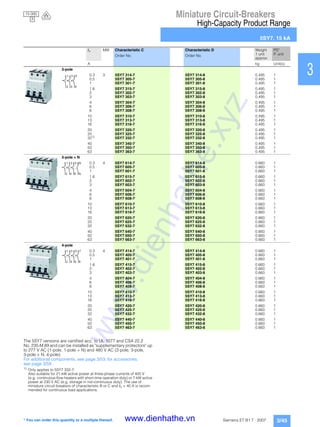 Miniature Circuit-Breakers
High-Capacity Product Range
5SY7, 15 kA
3/45Siemens ET B1 T · 2007
1
2
3
4
5
6
7
8
9
10
11
12
13
14
15
16
17
The 5SY7 versions are certified acc. to UL 1077 and CSA 22.2
No. 235-M 89 and can be installed as "supplementary protectors" up
to 277 V AC (1-pole, 1-pole + N) and 480 V AC (2-pole, 3-pole,
3-pole + N, 4-pole).
For additional components, see page 3/53; for accessories,
see page 3/59.
1)
Only applies to 5SY7 332-7:
Also suitable for 21-kW active power at three-phase currents of 400 V
(e.g. continuous-flow heaters with short-time operation duty) or 7-kW active
power at 230 V AC (e.g. storage in not-continuous duty). The use of
miniature circuit-breakers of characteristic B or C and In = 40 A is recom-
mended for continuous load applications.
In MW Characteristic C Characteristic D Weight
1 unit
approx.
PS*
P. unitOrder No. Order No.
A kg Unit(s)
3-pole
0.3 3 5SY7 314-7 5SY7 314-8 0.495 1
0.5 5SY7 305-7 5SY7 305-8 0.495 1
1 5SY7 301-7 5SY7 301-8 0.495 1
1.6 5SY7 315-7 5SY7 315-8 0.495 1
2 5SY7 302-7 5SY7 302-8 0.495 1
3 5SY7 303-7 5SY7 303-8 0.495 1
4 5SY7 304-7 5SY7 304-8 0.495 1
6 5SY7 306-7 5SY7 306-8 0.495 1
8 5SY7 308-7 5SY7 308-8 0.495 1
10 5SY7 310-7 5SY7 310-8 0.495 1
13 5SY7 313-7 5SY7 313-8 0.495 1
16 5SY7 316-7 5SY7 316-8 0.495 1
20 5SY7 320-7 5SY7 320-8 0.495 1
25 5SY7 325-7 5SY7 325-8 0.495 1
321)
5SY7 332-7 5SY7 332-8 0.495 1
40 5SY7 340-7 5SY7 340-8 0.495 1
50 5SY7 350-7 5SY7 350-8 0.495 1
63 5SY7 363-7 5SY7 363-8 0.495 1
3-pole + N
0.3 4 5SY7 614-7 5SY7 614-8 0.660 1
0.5 5SY7 605-7 5SY7 605-8 0.660 1
1 5SY7 601-7 5SY7 601-8 0.660 1
1.6 5SY7 615-7 5SY7 615-8 0.660 1
2 5SY7 602-7 5SY7 602-8 0.660 1
3 5SY7 603-7 5SY7 603-8 0.660 1
4 5SY7 604-7 5SY7 604-8 0.660 1
6 5SY7 606-7 5SY7 606-8 0.660 1
8 5SY7 608-7 5SY7 608-8 0.660 1
10 5SY7 610-7 5SY7 610-8 0.660 1
13 5SY7 613-7 5SY7 613-8 0.660 1
16 5SY7 616-7 5SY7 616-8 0.660 1
20 5SY7 620-7 5SY7 620-8 0.660 1
25 5SY7 625-7 5SY7 625-8 0.660 1
32 5SY7 632-7 5SY7 632-8 0.660 1
40 5SY7 640-7 5SY7 640-8 0.660 1
50 5SY7 650-7 5SY7 650-8 0.660 1
63 5SY7 663-7 5SY7 663-8 0.660 1
4-pole
0.3 4 5SY7 414-7 5SY7 414-8 0.660 1
0.5 5SY7 405-7 5SY7 405-8 0.660 1
1 5SY7 401-7 5SY7 401-8 0.660 1
1.6 5SY7 415-7 5SY7 415-8 0.660 1
2 5SY7 402-7 5SY7 402-8 0.660 1
3 5SY7 403-7 5SY7 403-8 0.660 1
4 5SY7 404-7 5SY7 404-8 0.660 1
6 5SY7 406-7 5SY7 406-8 0.660 1
8 5SY7 408-7 5SY7 408-8 0.660 1
10 5SY7 410-7 5SY7 410-8 0.660 1
13 5SY7 413-7 5SY7 413-8 0.660 1
16 5SY7 416-7 5SY7 416-8 0.660 1
20 5SY7 420-7 5SY7 420-8 0.660 1
25 5SY7 425-7 5SY7 425-8 0.660 1
32 5SY7 432-7 5SY7 432-8 0.660 1
40 5SY7 440-7 5SY7 440-8 0.660 1
50 5SY7 450-7 5SY7 450-8 0.660 1
63 5SY7 463-7 5SY7 463-8 0.660 1
2
1
4
3
6
5
1
2
3
4
5
6
N
N
1
2
3
4
5
6
7
8
* You can order this quantity or a multiple thereof.
15 000
3
www.dienhathe.xyz
www.dienhathe.vn
 
