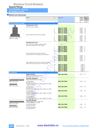 Miniature Circuit-Breakers
Special Range
Circuit-breaker terminals
for auxiliary circuits
3/64 Siemens ET B1 T · 2007
■Selection and ordering data
Version IN Order No. Weight
1 unit
approx.
PS*
P. unit
A kg Unit(s)
Circuit-breaker terminals
8WA1 011-1SF24
Terminal size 1.5 mm²
with short-circuit release
1 8WA1 011-1SF24 0.053 10
2 8WA1 011-1SF25 0.052 10
4 8WA1 011-1SF26 0.053 10
6 8WA1 011-1SF27 0.053 10
10 8WA1 011-1SF28 0.050 10
with overload and short-circuit release
1 8WA1 011-2SF24 0.052 10
2 8WA1 011-2SF25 0.051 10
4 8WA1 011-2SF26 0.051 10
6 8WA1 011-2SF27 0.051 10
10 8WA1 011-2SF28 0.053 10
Terminal size 2.5 mm²
with short-circuit release, auxiliary switch
with 1 NO contact and 1 NC contact
1 8WA1 011-6SF24 0.096 5
2 8WA1 011-6SF25 0.093 5
4 8WA1 011-6SF26 0.092 5
6 8WA1 011-6SF27 0.093 5
10 8WA1 011-6SF28 0.090 5
with overload and short-circuit release,
auxiliary switch and through-type connection
1 8WA1 011-4SF24 0.089 5
2 8WA1 011-4SF25 0.092 5
4 8WA1 011-4SF26 0.091 5
6 8WA1 011-4SF27 0.105 5
10 8WA1 011-4SF28 0.088 5
with overload and short-circuit release, auxiliary
switch with 1 NO contact and 1 NC contact
0.5 8WA1 011-8SF23 0.093 5
1 8WA1 011-8SF24 0.092 5
2 8WA1 011-8SF25 0.097 5
4 8WA1 011-8SF26 0.092 5
6 8WA1 011-8SF27 0.090 5
10 8WA1 011-8SF28 0.090 5
Accessories
Feeder terminals
Rated uninterrupted current 76 A
Connection up to 16 mm²
8WA1 822-7VD00 0.012 10
8WA1 822-7VD01
8WA1 822-7VD02
Link rails, single-pole
Rated uninterrupted current 65 A
5 connections
• Length 104 mm
• For terminals: 8WA1 011-4SF2., 8WA1 011-6SF2.,
8WA1 011-8SF2.
8WA1 822-7VD02 0.015 20
9 connections
• Length 104 mm
• For terminals: 8WA1 011-1SF2., 8WA1 011-2SF2.
8WA1 822-7VD07 0.017 20
10 connections
• Length 206 mm
• For terminals: 8WA1 011-4SF2., 8WA1 011-6SF2.
8WA1 011-8SF2.
8WA1 822-7VD01 0.031 20
18 connections
• Length 206 mm
• For terminals: 8WA1 011-1SF2., 8WA1 011-2SF2.
8WA1 822-7VD06 0.036 20
8WA1 822-7VD03
8WA1 822-7VD04
Link rails, two-pole
Rated uninterrupted current 120 A
for terminal 8WA1 011-4SF2
5 connections/pole
• Length 104 mm
8WA1 822-7VD04 0.031 10
9 connections/pole
• Length 206 mm
8WA1 822-7VD03 0.061 10
* You can order this quantity or a multiple thereof.
www.dienhathe.xyz
www.dienhathe.vn
 