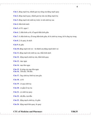 4
CTU of Medicine and Pharmacy YBK35
Câu 1. động mạch trụ, nhánh gan tay nông của động mạch quay
Câu 2. động mạch quay, nhánh gan tay sâu của động mạch trụ
Câu 3. động mạch mũ cánh tay trước và mũ cánh tay sau
Câu 4. thần kinh nách
Câu 5. cổ IV, ngực I
Câu 6. 2, thần kinh cơ bì, rễ ngoài thần kinh giữa
Câu 7. 4, thần kinh trụ, rễ trong thần kinh giữa, tk bì cánh tay trong, tk bì cẳng tay trong
Câu 8. 2, tk quay, tk nách
Câu 9. tk giữa
Câu 10. động mạch mũ vai – là nhánh của động mạch dưới vai
Câu 11. động mạch mũ cánh tay sau, thần kinh nách
Câu 12. động mạch cánh tay sâu, thần kinh quay
Câu 13. mạc ngực
Câu 14. mạc đòn ngực
Câu 15. lá nông của mạc đòn ngực
Câu 16. TM nền, TM đầu
Câu 17. ống cánh tay hình trụ tam giác
Câu 18. cơ bì
Câu 19. cơ quạ cánh tay
Câu 20. cơ gấp cổ tay trụ
Câu 21. cơ cánh tay quay
Câu 22. nhị đầu, tam đầu
Câu 23. động mạch cánh tay, tk giữa
Câu 24. động mạch bên quay, tk quay
 