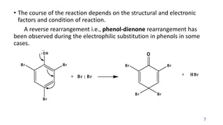 • The course of the reaction depends on the structural and electronic
factors and condition of reaction.
A reverse rearrangement i.e., phenol-dienone rearrangement has
been observed during the electrophilic substitution in phenols in some
cases.
7
Br Br
Br
Br Br
Br Br
O
+ Br : Br
OH
+ HBr
 