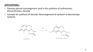 APPLICATIONS:-
• Dienone-phenol rearrangement used in the synthesis of anthracenes,
phenanthrenes, steroids
• Example for synthesis of steroids:-Rearrangement of santonin to desmotropo
santonin.
8
O
H O
O
O
H C l
O
O
s a n t o n in d e s m o t r o p o s a n t o n in
 