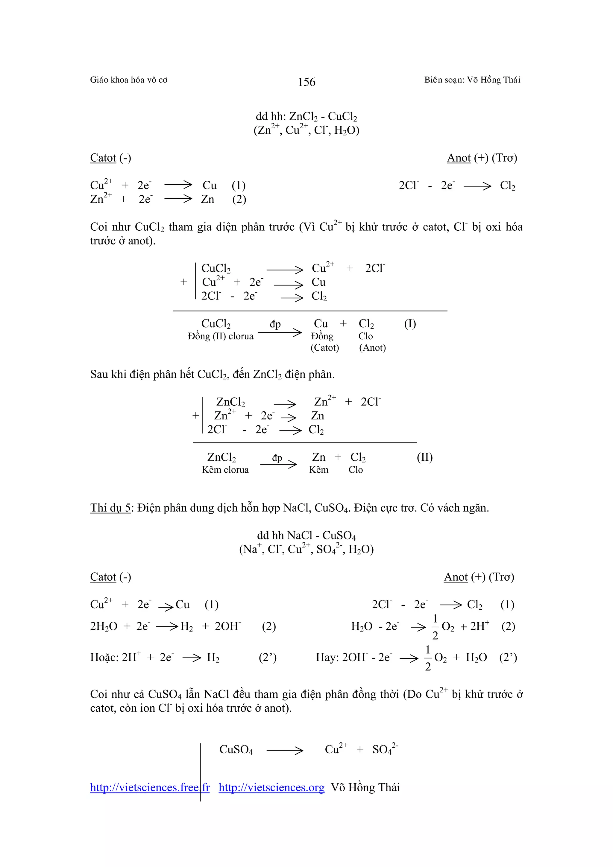 Giaùo khoa hoùa voâ cô                                   156                             Bieân soaïn: Voõ Hoàng Thaùi



                                                 dd hh: ZnCl2 - CuCl2
                                                (Zn2+, Cu2+, Cl-, H2O)

Catot (-)                                                                                      Anot (+) (Trơ)

Cu2+ + 2e-                      Cu      (1)                                       2Cl- - 2e-                   Cl2
Zn2+ + 2e-                      Zn      (2)

Coi như CuCl2 tham gia điện phân trước (Vì Cu2+ bị khử trước ở catot, Cl- bị oxi hóa
trước ở anot).

                                CuCl2                       Cu2+     +     2Cl-
                         +      Cu2+ + 2e-                  Cu
                                2Cl- - 2e-                  Cl2

                                CuCl2              đp       Cu +         Cl2      (I)
                             Đồng (II) clorua              Đồng          Clo
                                                           (Catot)       (Anot)

Sau khi điện phân hết CuCl2, đến ZnCl2 điện phân.

                                 ZnCl2                      Zn2+ + 2Cl-
                              + Zn2+ + 2e-                 Zn
                                2Cl- - 2e-                 Cl2

                                 ZnCl2             đp       Zn + Cl2                    (II)
                                Kẽm clorua                 Kẽm       Clo


Thí dụ 5: Điện phân dung dịch hỗn hợp NaCl, CuSO4. Điện cực trơ. Có vách ngăn.

                                            dd hh NaCl - CuSO4
                                         (Na+, Cl-, Cu2+, SO42-, H2O)

Catot (-)                                                                                      Anot (+) (Trơ)

Cu2+ + 2e-               Cu      (1)                                        2Cl- - 2e-               Cl2       (1)
                                                                                           1
2H2O + 2e-               H2 + 2OH-               (2)                 H2O - 2e-               O2 + 2H+          (2)
                                                                                           2
                                                                                          1
Hoặc: 2H+ + 2e-                  H2              (2’)          Hay: 2OH- - 2e-              O2 + H2O          (2’)
                                                                                          2

Coi như cả CuSO4 lẫn NaCl đều tham gia điện phân đồng thời (Do Cu2+ bị khử trước ở
catot, còn ion Cl- bị oxi hóa trước ở anot).


                                       CuSO4                    Cu2+ + SO42-


http://vietsciences.free.fr http://vietsciences.org Võ Hồng Thái
 