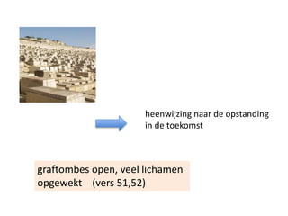 graftombes open, veel lichamen
opgewekt (vers 51,52)
heenwijzing naar de opstanding
in de toekomst
 