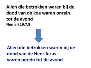 Allen die betrokken waren bij de
dood van de koe waren onrein
tot de avond
Numeri 19:7,8
Allen die betrokken waren bij de
dood van de Heer Jezus
waren onrein tot de avond
 