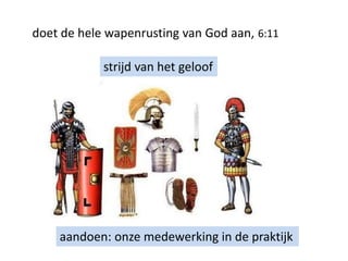 doet de hele wapenrusting van God aan, 6:11
strijd van het geloof
aandoen: onze medewerking in de praktijk
 