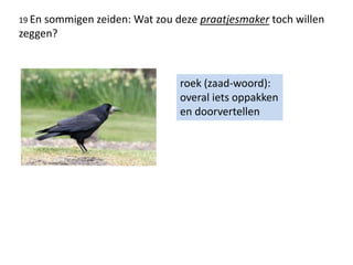 19 En sommigen zeiden: Wat zou deze praatjesmaker toch willen
zeggen?
roek (zaad-woord):
overal iets oppakken
en doorvertellen
 