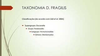 TAXONOMIA D. FRAGILIS
Classificação (de acordo com Adl et al. 2005)
 Supergrupo: Excavata
 Grupo: Parabasalia

 Subgrupo: Trichomonadida
 Gênero: Dientamoeba

 