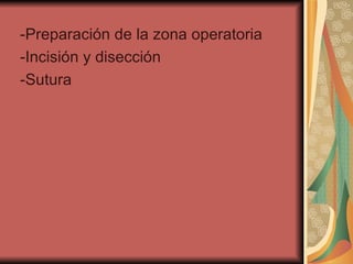-Preparación de la zona operatoria -Incisión y disección -Sutura 