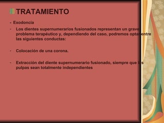 TRATAMIENTO -   Exodoncia  Los dientes supernumerarios fusionados representan un grave problema terapéutico y, dependiendo del caso, podremos optar entre las siguientes conductas: Colocación de una corona. Extracción del diente supernumerario fusionado, siempre que las pulpas sean totalmente independientes  