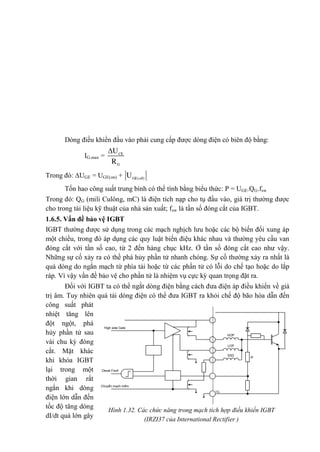 Dòng điều khiển đầu vào phải cung cấp được dòng điện có biên độ bằng:
IG.max = CE
G
U
R

Trong đó: UGE = UGE(on) + GE(off)
U
Tốn hao công suất trung bình có thể tính bằng biểu thức: P = UGE.QG.fsw
Trong đó: QG (mili Culông, mC) là điện tích nạp cho tụ đầu vào, giá trị thường được
cho trong tài liệu kỹ thuật của nhà sản xuất; fsw là tần số đóng cắt của IGBT.
1.6.5. Vấn đề bảo vệ IGBT
IGBT thường được sử dụng trong các mạch nghịch lưu hoặc các bộ biến đổi xung áp
một chiều, trong đó áp dụng các quy luật biến điệu khác nhau và thường yêu cầu van
đóng cắt với tần số cao, từ 2 đến hàng chục kHz. Ở tần số đóng cắt cao như vậy.
Những sự cố xảy ra có thề phá hủy phần tử nhanh chóng. Sự cố thường xảy ra nhất là
quá dòng do ngắn mạch từ phía tải hoặc từ các phần tử có lỗi do chế tạo hoặc do lắp
ráp. Vì vậy vấn đề bảo vệ cho phần tử là nhiệm vụ cực kỳ quan trọng đặt ra.
Đối với IGBT ta có thể ngắt dòng điện bằng cách đưa điện áp điều khiển về giá
trị âm. Tuy nhiên quá tải dòng điện có thể đưa IGBT ra khỏi chế độ bão hòa dẫn đến
công suất phát
nhiệt tăng lên
đột ngột, phá
hủy phần tử sau
vài chu kỳ đóng
cắt. Mặt khác
khi khóa IGBT
lại trong một
thời gian rất
ngắn khi dòng
điện lớn dẫn đến
tốc độ tăng dòng
dI/dt quá lớn gây
Hình 1.32. Các chức năng trong mạch tích hợp điều khiển IGBT
(IRZI37 của International Rectifier )
Desat Fault
ChuyÓn m¹ch mÒm
High side Gate
HOP
LOP
SSD
US
R
 