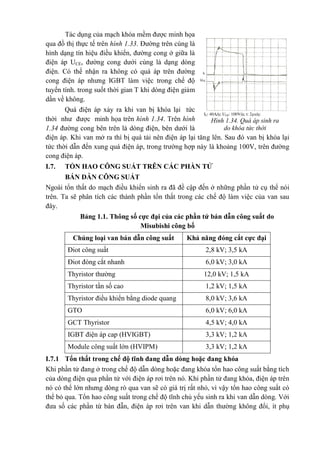 Tác dụng của mạch khóa mềm được minh họa
qua đồ thị thực tế trên hình 1.33. Đường trên cùng là
hình dạng tín hiệu điều khiển, đường cong ở giữa là
điện áp UCE, đường cong dưới cùng là dạng dòng
điện. Có thể nhận ra không có quá áp trên đường
cong điện áp nhưng IGBT làm việc trong chế độ
tuyến tính. trong suốt thời gian T khi dòng điện giảm
dần về không.
Quá điện áp xảy ra khi van bị khóa lại tức
thời như được minh họa trên hình 1.34. Trên hình
1.34 đường cong bên trên là dòng điện, bên dưới là
điện áp. Khi van mở ra thì bị quá tải nên điện áp lại tăng lên. Sau đó van bị khóa lại
tức thời dẫn đến xung quá điện áp, trong trường hợp này là khoảng 100V, trên đường
cong điện áp.
I.7. TỔN HAO CÔNG SUẤT TRÊN CÁC PHẦN TỬ
BÁN DẪN CÔNG SUẤT
Ngoài tổn thất do mạch điều khiển sinh ra đã đề cập đến ở những phần tử cụ thể nói
trên. Ta sẽ phân tích các thành phần tổn thất trong các chế độ làm việc của van sau
đây.
Bảng 1.1. Thông số cực đại của các phần tứ bán dẫn công suất do
Misubishi công bố
Chủng loại van bán dẫn công suất Khả năng đóng cắt cực đại
Điot công suất 2,8 kV; 3,5 kA
Điot đóng cắt nhanh 6,0 kV; 3,0 kA
Thyristor thường 12,0 kV; 1,5 kA
Thyristor tần số cao 1,2 kV; 1,5 kA
Thyristor điều khiển bằng diode quang 8,0 kV; 3,6 kA
GTO 6,0 kV; 6,0 kA
GCT Thyristor 4,5 kV; 4,0 kA
IGBT điện áp cap (HVIGBT) 3,3 kV; 1,2 kA
Module công suất lớn (HVIPM) 3,3 kV; 1,2 kA
I.7.1 Tổn thất trong chế độ tĩnh đang dẫn dòng hoặc đang khóa
Khi phần tử đang ở trong chế độ dẫn dòng hoặc đang khóa tổn hao công suất bằng tích
của dòng điện qua phần tử với điện áp rơi trên nó. Khi phần tử đang khóa, điện áp trên
nó có thể lớn nhưng dòng rò qua van sẽ có giá trị rất nhỏ, vì vậy tổn hao công suất có
thể bỏ qua. Tổn hao công suất trong chế độ tĩnh chủ yếu sinh ra khi van dẫn dòng. Với
đưa số các phần từ bán đẫn, điện áp rơi trên van khi dẫn thường không đổi, ít phụ
IC
UCE
IC: 40A/ô; UCE: 100V/ô; t: 2s/ô;
Hình 1.34. Quá áp sinh ra
do khóa tức thời
 