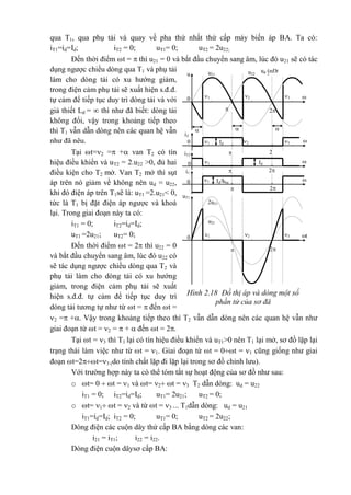 qua T1, qua phụ tải và quay về pha thứ nhất thứ cấp máy biến áp BA. Ta có:
iT1=id=Id; iT2 = 0; uT1= 0; uT2 = 2u22;
Đến thời điểm t =  thì u21 = 0 và bắt đầu chuyển sang âm, lúc đó u21 sẽ có tác
dụng ngược chiều dòng qua T1 và phụ tải
làm cho dòng tải có xu hướng giảm,
trong điện cảm phụ tải sẽ xuất hiện s.đ.đ.
tự cảm để tiếp tục duy trì dòng tải và với
giả thiết Ld =  thì như đã biết: dòng tải
không đổi, vậy trong khoảng tiếp theo
thì T1 vẫn dẫn dòng nên các quan hệ vẫn
như đã nêu.
Tại t=2 = + van T2 có tín
hiệu điều khiển và uT2 = 2.u22 >0, đủ hai
điều kiện cho T2 mở. Van T2 mở thì sụt
áp trên nó giảm về không nên ud = u22,
khi đó điện áp trên T1sẽ là: uT1 =2.u21< 0,
tức là T1 bị đặt điện áp ngược và khoá
lại. Trong giai đoạn này ta có:
iT1 = 0; iT2=id=Id;
uT1 =2u21; uT2= 0;
Đến thời điểm t = 2 thì u22 = 0
và bắt đầu chuyển sang âm, lúc đó u22 có
sẽ tác dụng ngược chiều dòng qua T2 và
phụ tải làm cho dòng tải có xu hướng
giảm, trong điện cảm phụ tải sẽ xuất
hiện s.đ.đ. tự cảm để tiếp tục duy trì
dòng tải tương tự như từ t =  đến t =
2 = +. Vậy trong khoảng tiếp theo thì T2 vẫn dẫn dòng nên các quan hệ vẫn như
giai đoạn từ t = 2 =  +  đến t = 2.
Tại t = 3 thì T1 lại có tín hiệu điều khiển và uT1>0 nên T1 lại mở, sơ đồ lặp lại
trạng thái làm việc như từ t = 1. Giai đoạn từ t = 0t = 1 cũng giống như giai
đoạn t=2t=3 (do tính chất lặp đi lặp lại trong sơ đồ chỉnh lưu).
Với trường hợp này ta có thể tóm tắt sự hoạt động của sơ đồ như sau:
o t= 0  t = 1 và t= 2 t = 3 T2 dẫn dòng: ud = u22
iT1 = 0; iT2=id=Id; uT1= 2u21; uT2 = 0;
o t= 1 t = 2 và từ t = 3 ... T1dẫn dòng: ud = u21
iT1=id=Id; iT2 = 0; uT1= 0; uT2 = 2u22;
Dòng điện các cuộn dây thứ cấp BA bằng dòng các van:
i21 = iT1; i22 = i22.
Dòng điện cuộn dâysơ cấp BA:
Hình 2.18 Đồ thị áp và dòng một số
phần tử của sơ đå

t
u22
ud (nÐt
®Ëm)
u21u
0

2
3
=
2
=
1
=
3
=
2
=
1
=


t
iT
1 0 Id
2


2
=
1
=
3
=
t0
2
Id1
=

t
iT2
0
2
uT1
2u21
u21
Id/kba1
=

t
i1
0
2
 