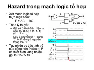 Hazard trong mạch logic tổ hợp Xét mạch logic tổ hợp thực hiện hàm:  F = AB’ + BC Theo lý thuyết:  Giả sử ở thời điểm hiện tại nếu  (A, B, C) = (1, 1, 1) thì  F =‘1’.  Nếu B chuyển từ ‘1’ sang ‘0’ thì F vẫn giữ nguyên trạng thái ‘1’. Tuy nhiên do đặc tính trễ của cổng nên ở cửa ra F có xuất hiện xung nhiễu , gọi là HAZARD 