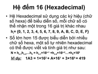 Hệ đếm 16 (Hexadecimal) Hệ Hexadecimal sử dụng các ký hiệu (chữ số hexa) để biểu diễn số, mỗi chữ số có thể nhận một trong 16 giá trị khác nhau h i = {0, 1, 2, 3, 4, 5, 6, 7, 8, 9 , A, B, C, D, E, F } Số lớn hơn 15 được biểu diễn bởi nhiều chữ số hexa, một số tự nhiên hexadecimal có thể được viết và tính giá trị như sau: N = h n-1 h n-2 …h 0  = h n-1 ×16 n-1  + h n-2 ×16 n-2 …+h 0 ×16 0 V í dụ:   1A3 = 1 ×16 2  + A×16 1  + 3×16 0  = 419 