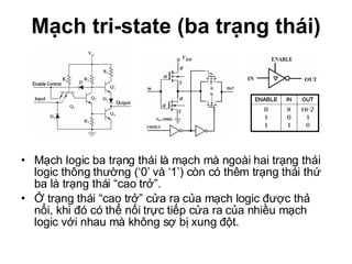 Mạch tri-state (ba trạng thái) Mạch logic ba trạng thái là mạch mà ngoài hai trạng thái logic thông thường (‘0’ và ‘1’) còn có thêm trạng thái thứ ba là trạng thái “cao trở”. Ở trạng thái “cao trở” cửa ra của mạch logic được thả nổi, khi đó có thể nối trực tiếp cửa ra của nhiều mạch logic với nhau mà không sợ bị xung đột. 