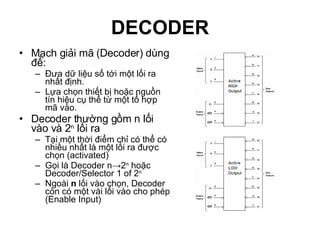 DECODER Mạch giải mã (Decoder) dùng để: Đưa dữ liệu số tới một lối ra nhất định. Lựa chọn thiết bị hoặc nguồn tín hiệu cụ thể từ một tổ hợp mã vào. Decoder thường gồm n lối vào và 2 n  lối ra Tại một thời điểm chỉ có thể có nhiều nhất là một lối ra được chọn (activated) Gọi là Decoder n->2 n  hoặc Decoder/Selector 1 of 2 n Ngoài  n  lối vào chọn, Decoder còn có một vài lối vào cho phép (Enable Input) 