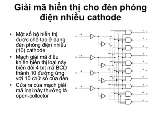 Giải mã hiển thị cho đèn phóng điện nhiều cathode Một số bộ hiển thị được chế tạo ở dạng đèn phóng điện nhiều (10) cathode Mạch giải mã điều khiển hiển thị loại này biến đổi 4 bit mã BCD thành 10 đường ứng với 10 chữ số của đèn Cửa ra của mạch giải mã loại này thường là open-collector 