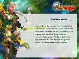 Alle-Server Verbindung
Die neue Server-Datenstruktur bietet eine Möglichkeit,
dass ein Kreuz-Server für Event, Beispiel, Schlachtfeld
auf jederzeit geöffnet werden kann, nicht mehr über die
unzureichende Anzahl von Spieler zu sorgen.
Alle-Server-Lagerschlacht, Alle-Server-Guildschlacht

und Alle-Server-1V1 Schlacht regelmäßig geöffnet
werden, die Grenze der Ehre herauszufordern.

 
