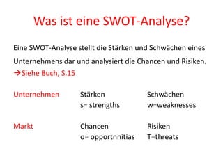 Was ist eine SWOT-Analyse?
Eine SWOT-Analyse stellt die Stärken und Schwächen eines
Unternehmens dar und analysiert die Chancen und Risiken.
Siehe Buch, S.15

Unternehmen        Stärken             Schwächen
                   s= strengths        w=weaknesses

Markt              Chancen             Risiken
                   o= opportnnitias    T=threats
 