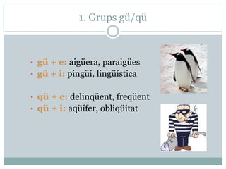 1. Grups gü/qü
• gü + e: aigüera, paraigües
• gü + i: pingüí, lingüística
• qü + e: delinqüent, freqüent
• qü + i: aqüífer, obliqüitat
 