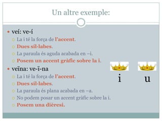 Un altre exemple:
 veí: ve-í
La i té la força de l’accent.
Dues síl·labes.
La paraula és aguda acabada en –i.
Posem un accent gràfic sobre la i.
 veïna: ve-ï-na
La i té la força de l’accent.
Dues síl·labes.
La paraula és plana acabada en –a.
No podem posar un accent gràfic sobre la i.
Posem una dièresi.
i u
 
