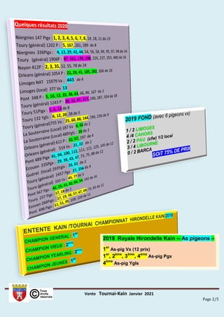 Vente Tournai-Kain Janvier 2021
Page 2/5
2019 Royale Hirondelle Kain -- As pigeons –
1er
As-pig Vx (12 prix)
1er
, 2ème
, 3ème
, 4ème
As-pig Pgx
4ème
As-pig Ygls
 