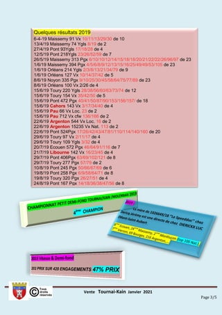 Vente Tournai-Kain Janvier 2021
Page 3/5
Quelques résultats 2019
6-4-19 Maissemy 91 Vx 10/11/13/29/30 de 10
13/4/19 Maissemy 74 Ygls 8/19 de 2
27/4/19 Pont 93Ygls 17/18/28 de 4
12/5/19 Pont 218Ygls 23/26/52/59 de 7
26/5/19 Maissemy 313 Pgx 6/10/10/12/14/15/18/18/20/21/22/22/26/96/97 de 23
1/6/19 Maissemy 394 Pgx 4/5/6/8/9/12/13/15/16/25/49/49/53/105 de 23
1/6/19 Orléans 214 Ygls 2/3/8/13/21/34/79 de 9
1/6/19 Orléans 127 Vx 10/14/37/42 de 5
8/6/19 Noyon 335 Pgx 9/10/25/30/45/58/64/75/77/89 de 23
8/6/19 Orléans 100 Vx 2/26 de 4
15/6/19 Toury 220 Ygls 28/38/56/60/63/73/74 de 12
15/6/19 Toury 154 Vx 35/42/50 de 5
15/6/19 Pont 472 Pgx 40/41/50/87/90/153/156/157/ de 18
15/6/19 Cahors 143 Vx 3/17/34/40 de 4
15/6/19 Pau 66 Vx Loc. 23 de 2
15/6/19 Pau 712 Vx cfw 136/166 de 2
22/6/19 Argenton 544 Vx Loc. 16 de 2
22/6/19 Argenton 15235 Vx Nat. 113 de 2
22/6/19 Pont 524Pgx 17/26/42/43/47/81/110/114/140/160 de 20
29/6/19 Toury 97 Vx 2/11/17 de 4
29/6/19 Toury 109 Ygls 3/32 de 4
20/7/19 Ecouen 572 Pgx 46/64/91/116 de 7
21/7/19 Libourne 142 Vx 16/23/45 de 4
29/7/19 Pont 406Pgx 63/69/102/121 de 8
29/7/19 Toury 277 Pgx 57/79 de 2
10/8/19 Pont 245 Pgx 50/66/67/69 de 6
19/8/19 Pont 258 Pgx 6/9/58/64/71 de 8
19/8/19 Toury 320 Pgx 26/27/51 de 4
24/8/19 Pont 167 Pgx 14/18/36/38/47/56 de 8
 