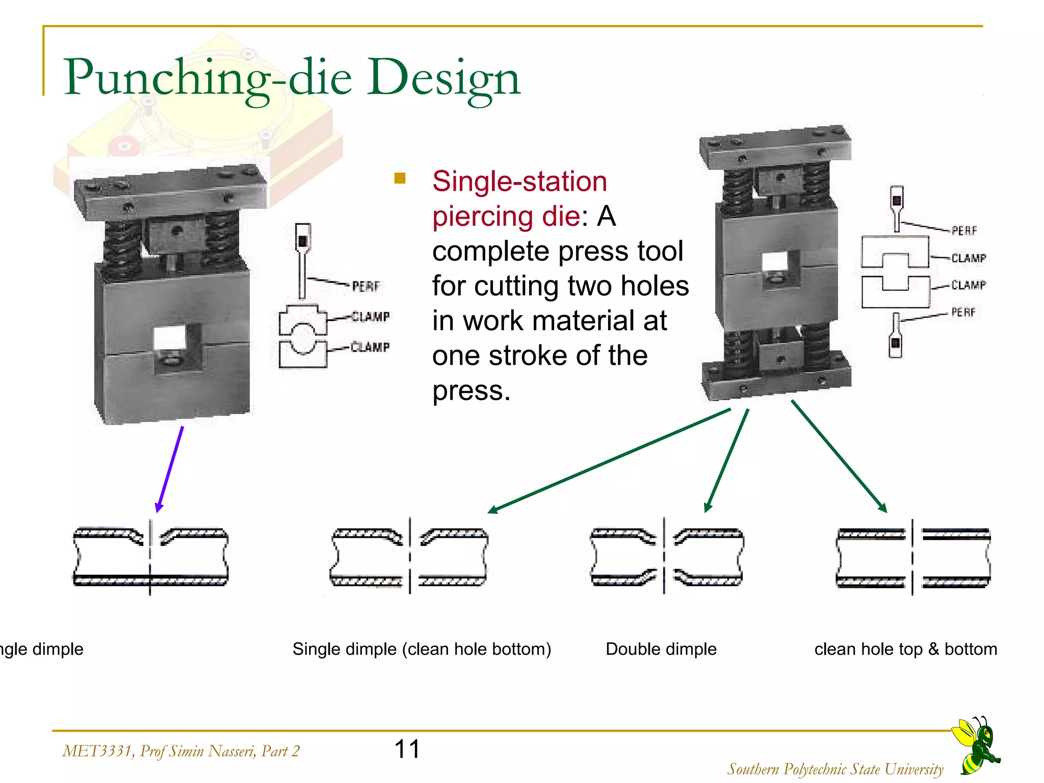 11MET3331, Prof Simin Nasseri, Part 2
Southern Polytechnic State University
Punching-die Design
 Single-station
piercing die: A
complete press tool
for cutting two holes
in work material at
one stroke of the
press.
ngle dimple Single dimple (clean hole bottom) Double dimple clean hole top & bottom
 
