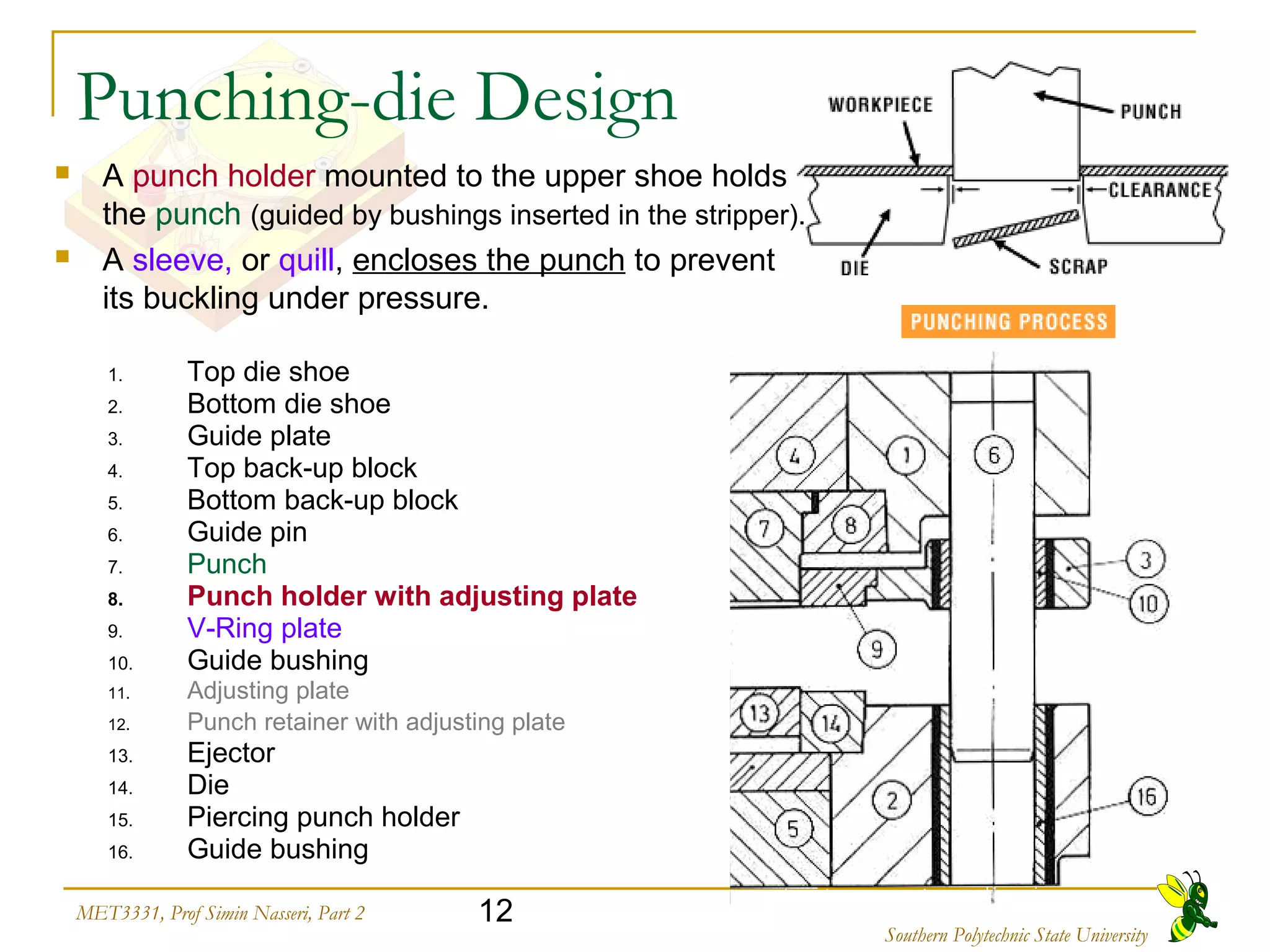 12MET3331, Prof Simin Nasseri, Part 2
Southern Polytechnic State University
Punching-die Design
 A punch holder mounted to the upper shoe holds
the punch (guided by bushings inserted in the stripper).
 A sleeve, or quill, encloses the punch to prevent
its buckling under pressure.
1. Top die shoe
2. Bottom die shoe
3. Guide plate
4. Top back-up block
5. Bottom back-up block
6. Guide pin
7. Punch
8. Punch holder with adjusting plate
9. V-Ring plate
10. Guide bushing
11. Adjusting plate
12. Punch retainer with adjusting plate
13. Ejector
14. Die
15. Piercing punch holder
16. Guide bushing
 