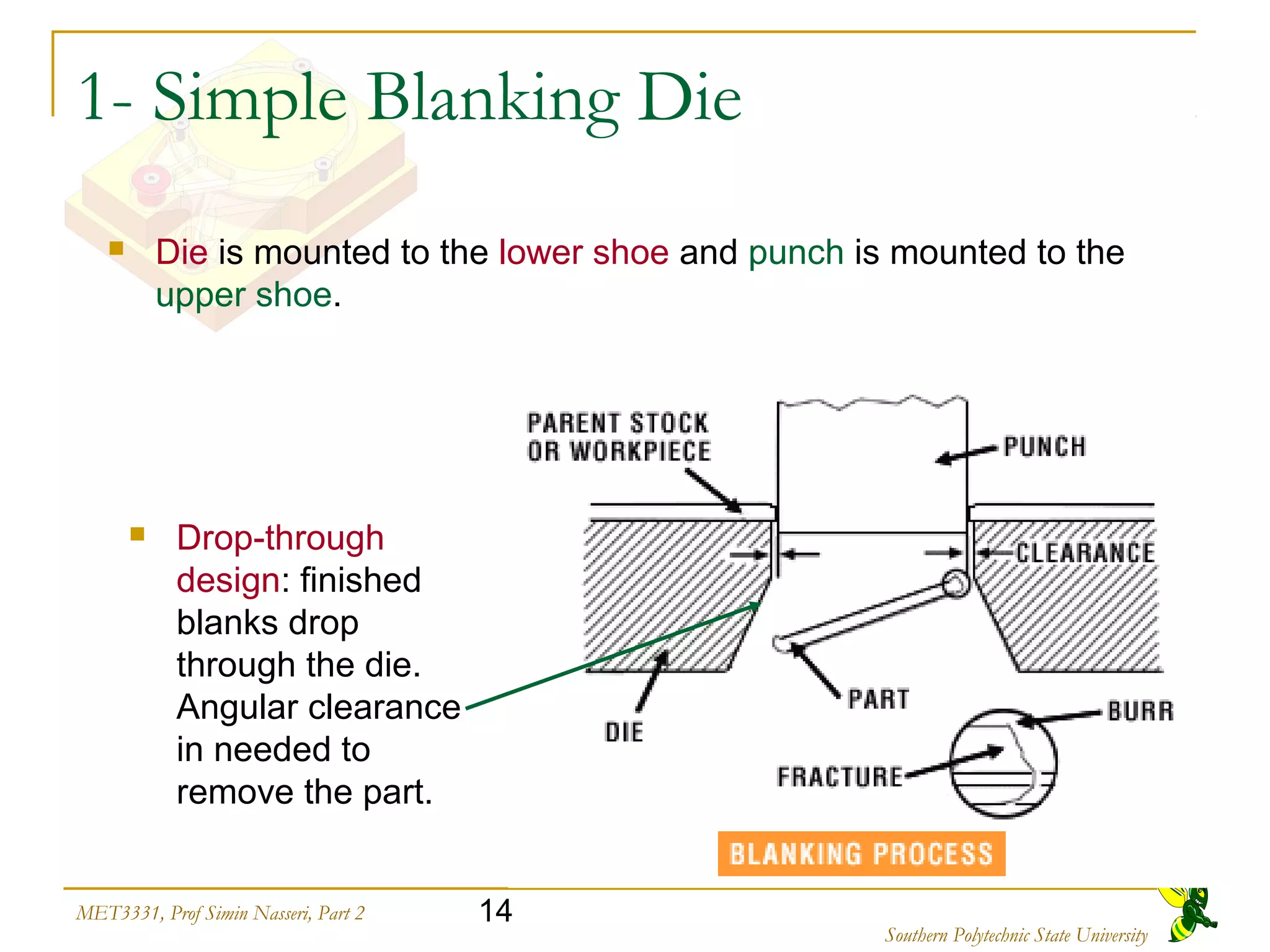 14MET3331, Prof Simin Nasseri, Part 2
Southern Polytechnic State University
1- Simple Blanking Die
 Die is mounted to the lower shoe and punch is mounted to the
upper shoe.
 Drop-through
design: finished
blanks drop
through the die.
Angular clearance
in needed to
remove the part.
 
