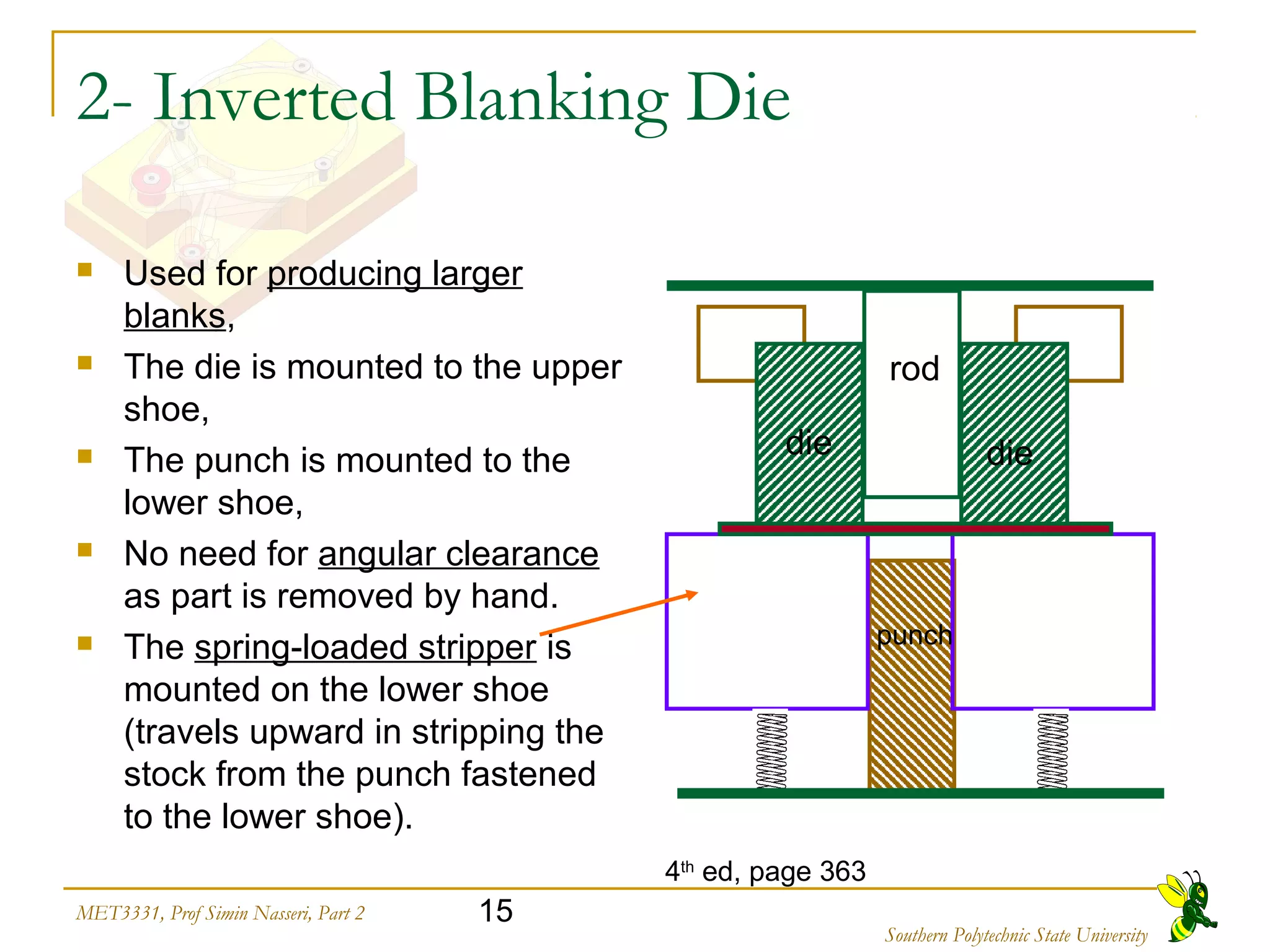 15MET3331, Prof Simin Nasseri, Part 2
Southern Polytechnic State University
2- Inverted Blanking Die
 Used for producing larger
blanks,
 The die is mounted to the upper
shoe,
 The punch is mounted to the
lower shoe,
 No need for angular clearance
as part is removed by hand.
 The spring-loaded stripper is
mounted on the lower shoe
(travels upward in stripping the
stock from the punch fastened
to the lower shoe).
4th
ed, page 363
die die
rod
punch
 