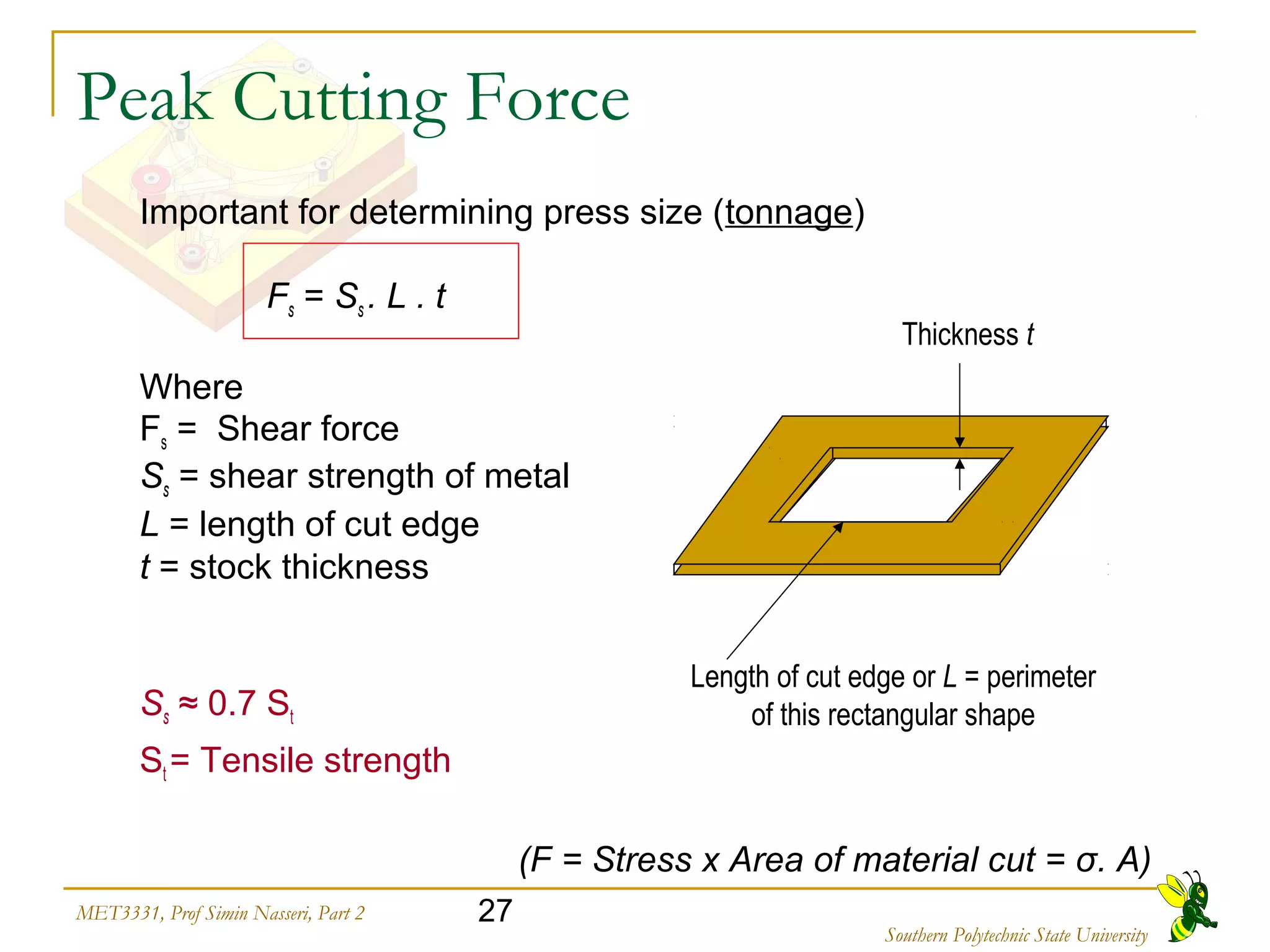 27MET3331, Prof Simin Nasseri, Part 2
Southern Polytechnic State University
Peak Cutting Force
Important for determining press size (tonnage)
Fs = Ss . L . t
Where
Fs = Shear force
Ss = shear strength of metal
L = length of cut edge
t = stock thickness
Ss ≈ 0.7 St
St = Tensile strength
(F = Stress x Area of material cut = σ. A)
Thickness t
Length of cut edge or L = perimeter
of this rectangular shape
 