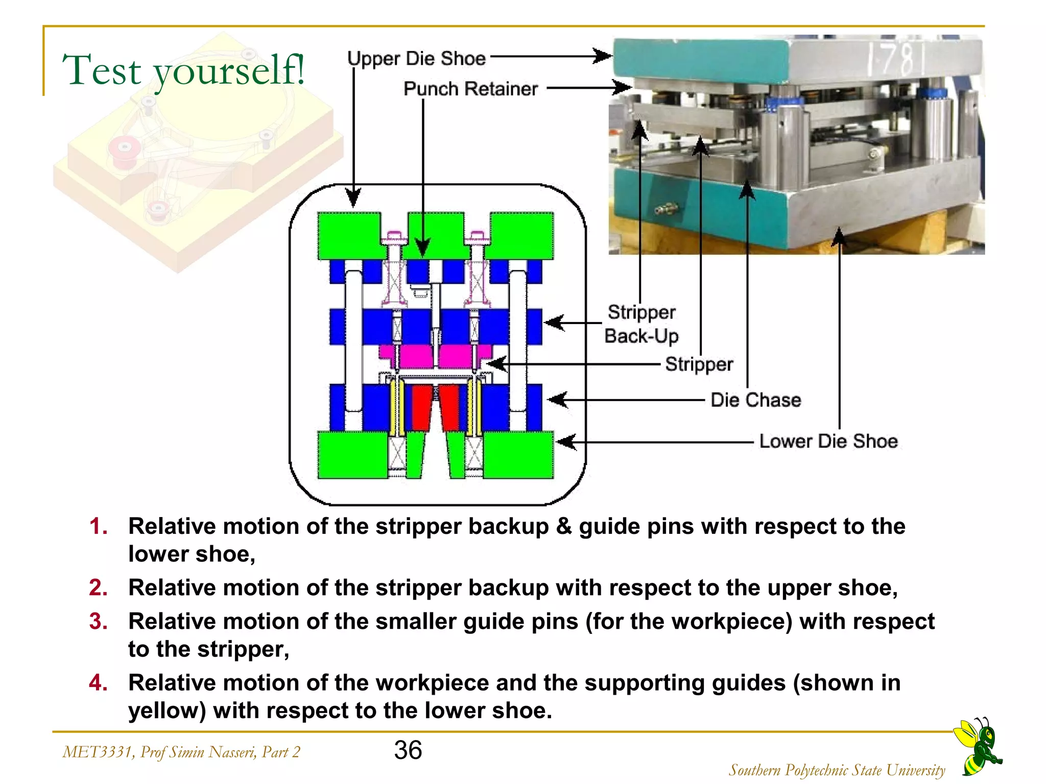36MET3331, Prof Simin Nasseri, Part 2
Southern Polytechnic State University
Test yourself!
1. Relative motion of the stripper backup & guide pins with respect to the
lower shoe,
2. Relative motion of the stripper backup with respect to the upper shoe,
3. Relative motion of the smaller guide pins (for the workpiece) with respect
to the stripper,
4. Relative motion of the workpiece and the supporting guides (shown in
yellow) with respect to the lower shoe.
 