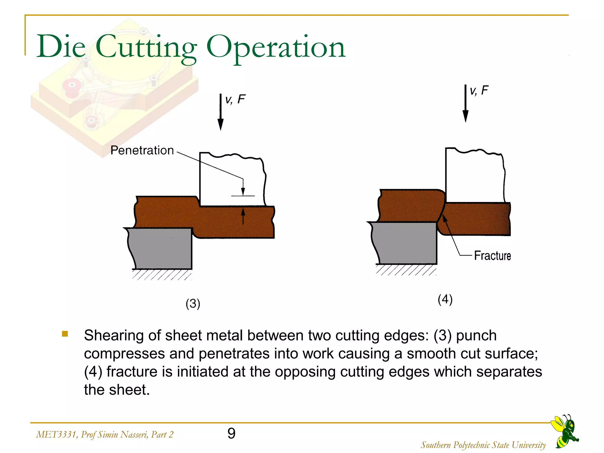 9MET3331, Prof Simin Nasseri, Part 2
Southern Polytechnic State University
Die Cutting Operation
 Shearing of sheet metal between two cutting edges: (3) punch
compresses and penetrates into work causing a smooth cut surface;
(4) fracture is initiated at the opposing cutting edges which separates
the sheet.
 